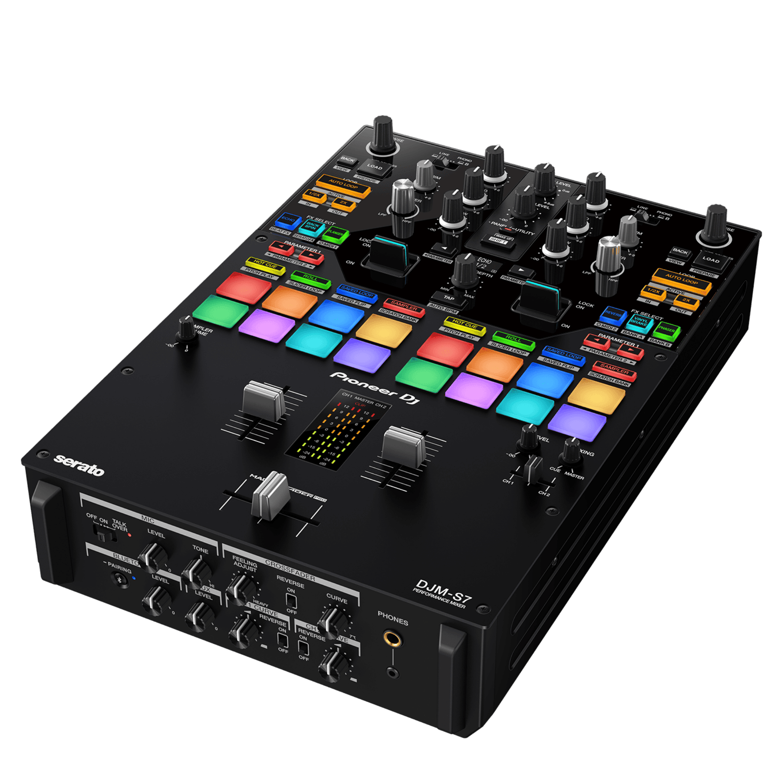 Pioneer DJ DJM-S7 scratch and 2-channel DJ mixer with touch-sensitive controls and professional audio features.