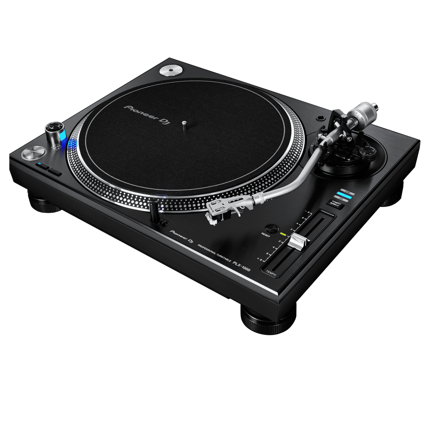 Pioneer DJ PLX-1000 turntable with a sleek design, vinyl record, and tonearm for professional DJ mixing and playback.