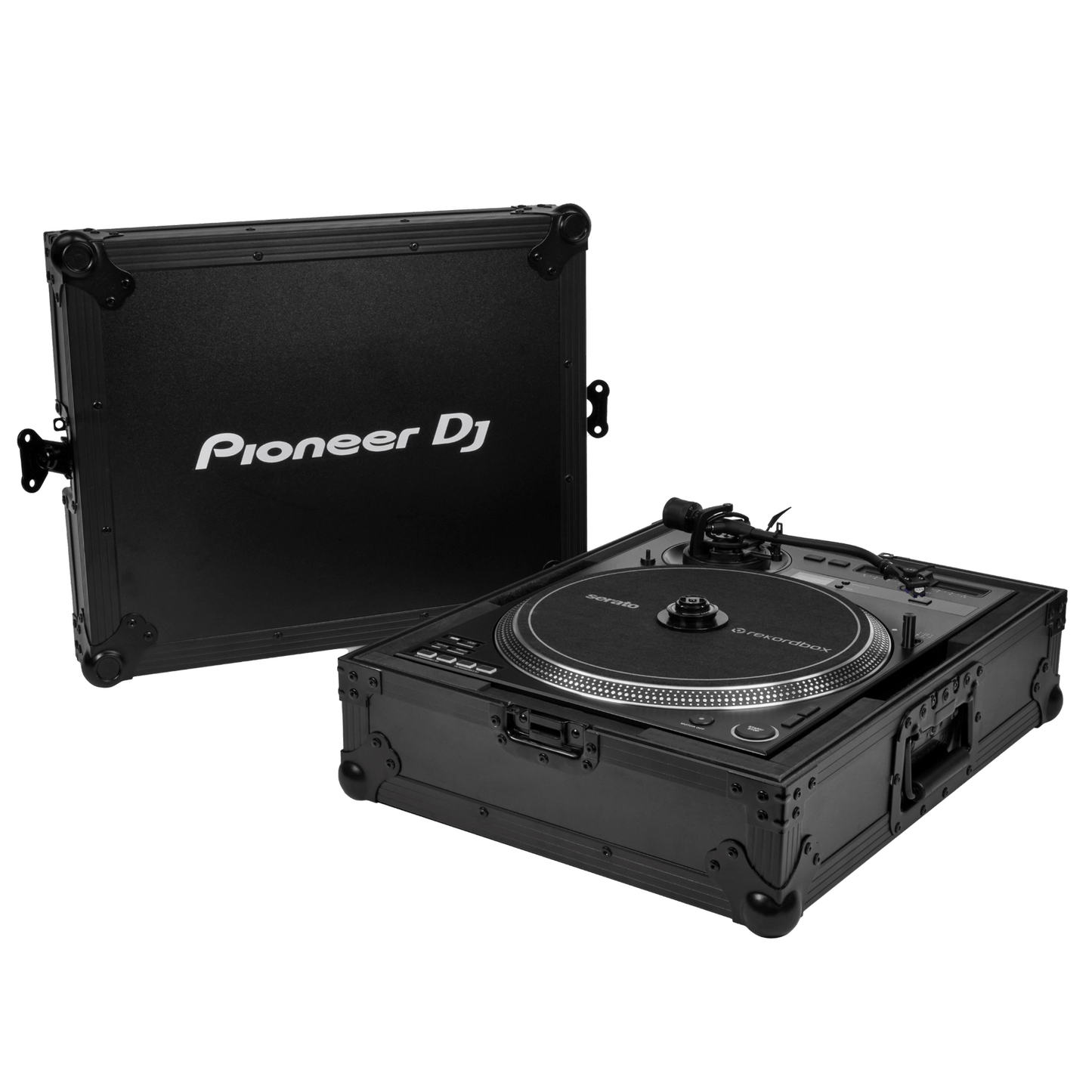 Pioneer DJ PLX-1000 turntable with a sleek black finish, featuring a tonearm, platter, and controls for professional DJ setup.