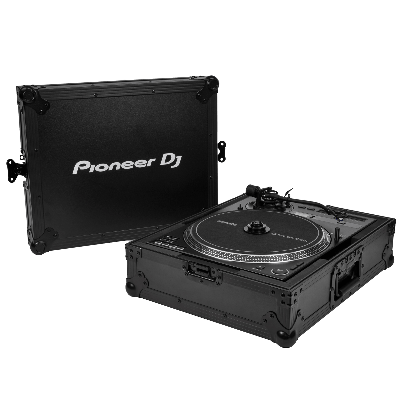Pioneer DJ PLX-1000 turntable with a sleek black finish, featuring a tonearm, platter, and controls for professional DJ setup.