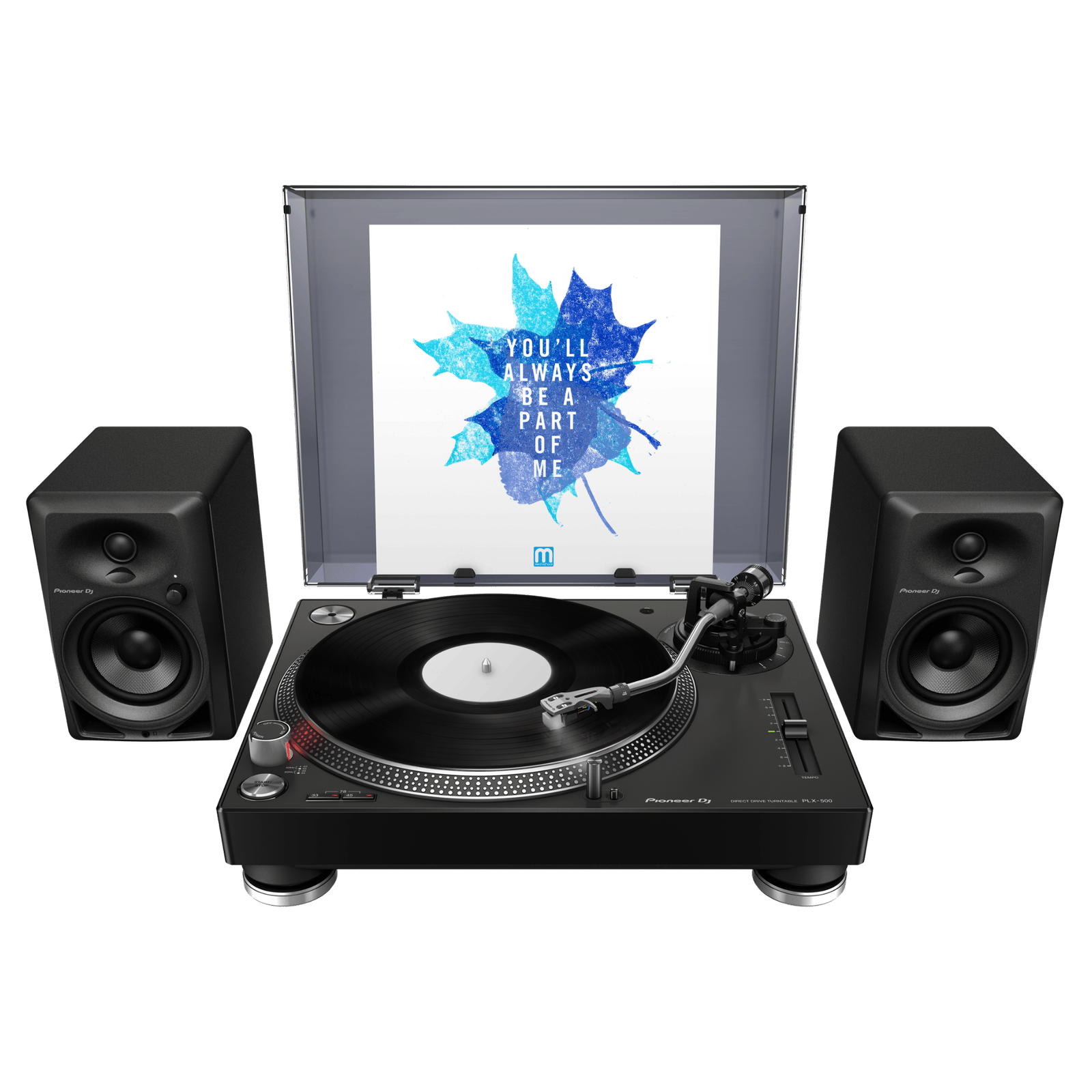 Pioneer DJ PLX-500 turntables with slipmat and tonearm, showcasing the classic design and controls of this DJ equipment.