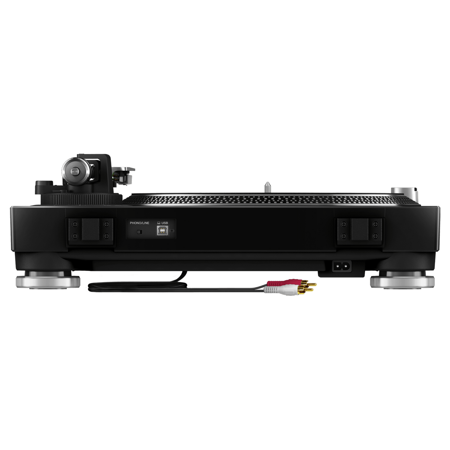 Pioneer DJ PLX-500 turntable with black platter and tonearm, showcasing the classic DJ turntable design and controls.