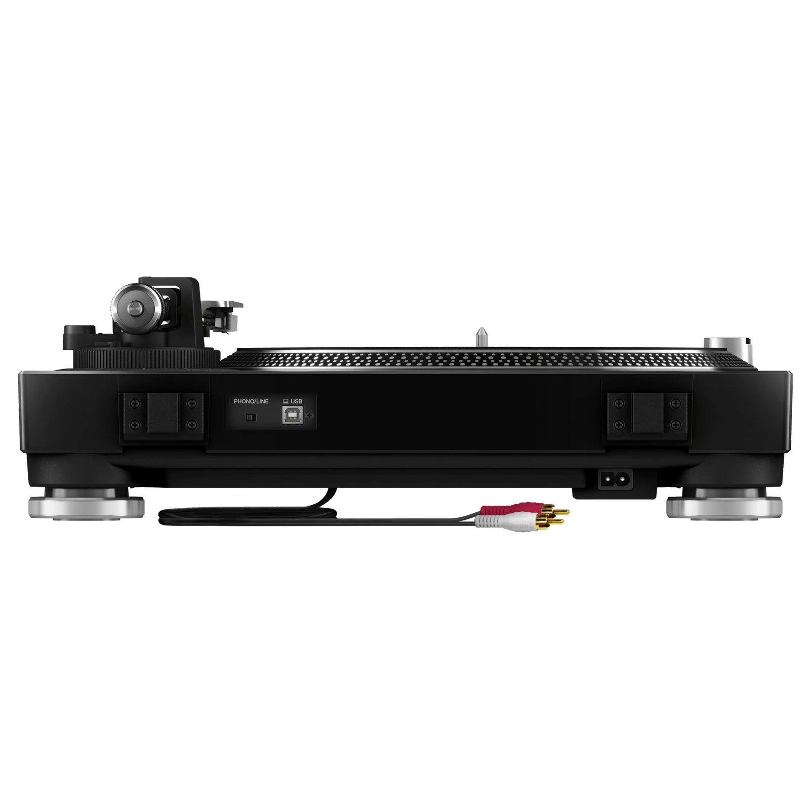 Pioneer DJ PLX-500 turntable with black platter and tonearm, showcasing the classic DJ turntable design and controls.