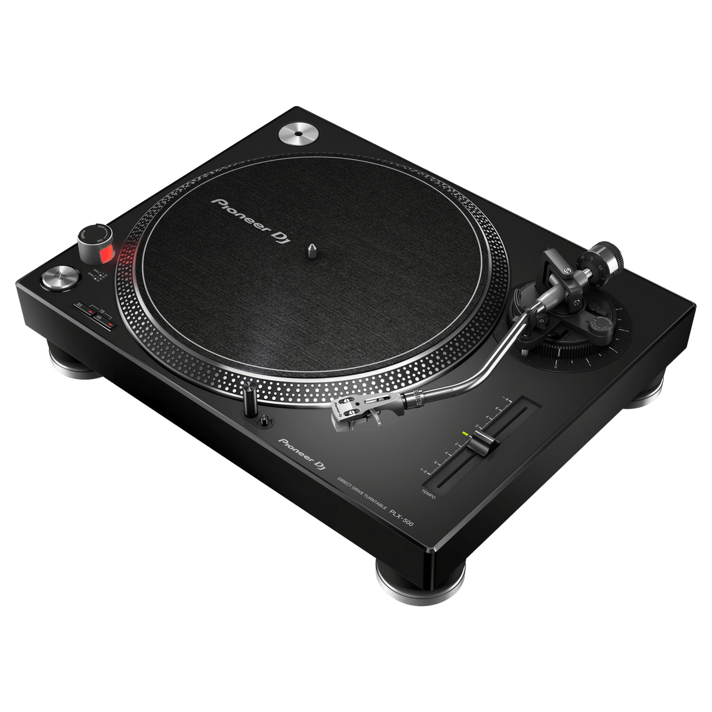 Pioneer DJ PLX-500 turntable with black platter and tonearm, featuring built-in phono preamp for vinyl playback.