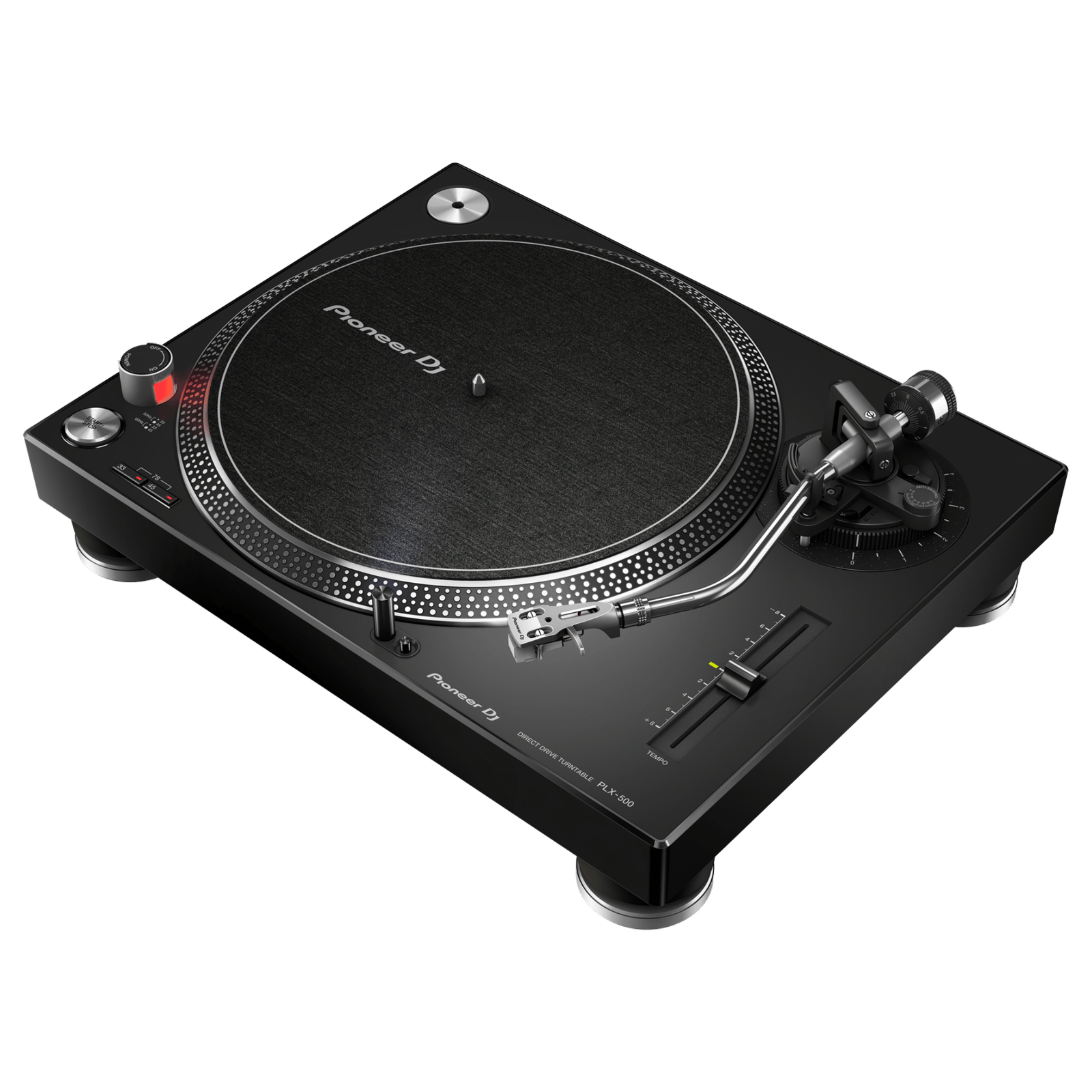 Pioneer DJ PLX-500 turntable with black platter and tonearm, featuring built-in phono preamp for vinyl playback.