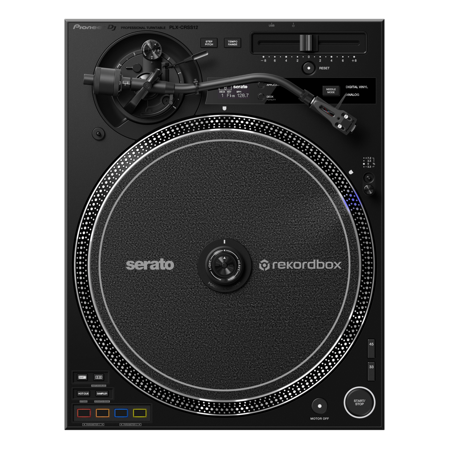 Pioneer DJ PLX-CRSS12 turntables with sleek black design and control knobs, ideal for professional DJ mixing and vinyl playback.