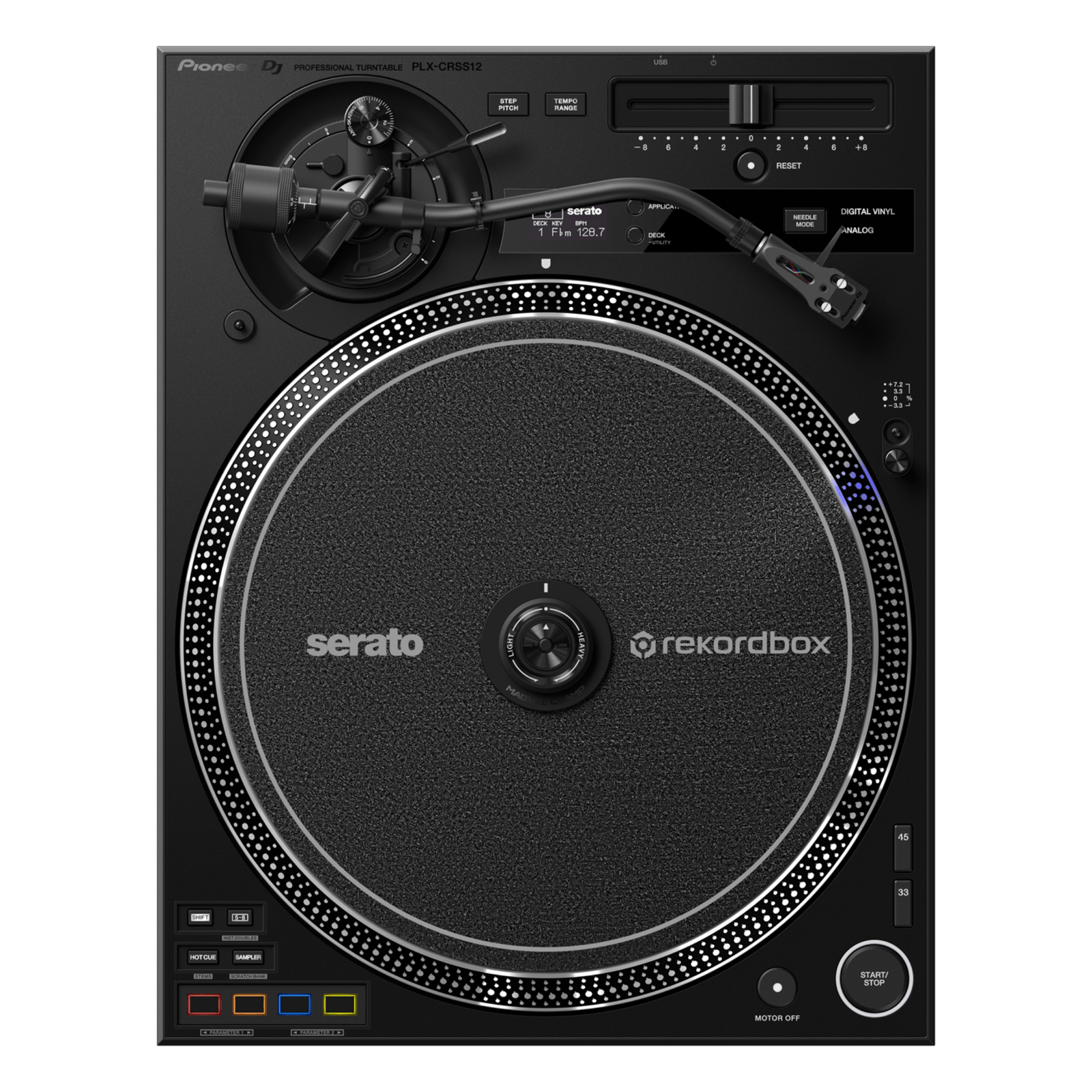 Pioneer DJ PLX-CRSS12 turntables with sleek black design and control knobs, ideal for professional DJ mixing and vinyl playback.