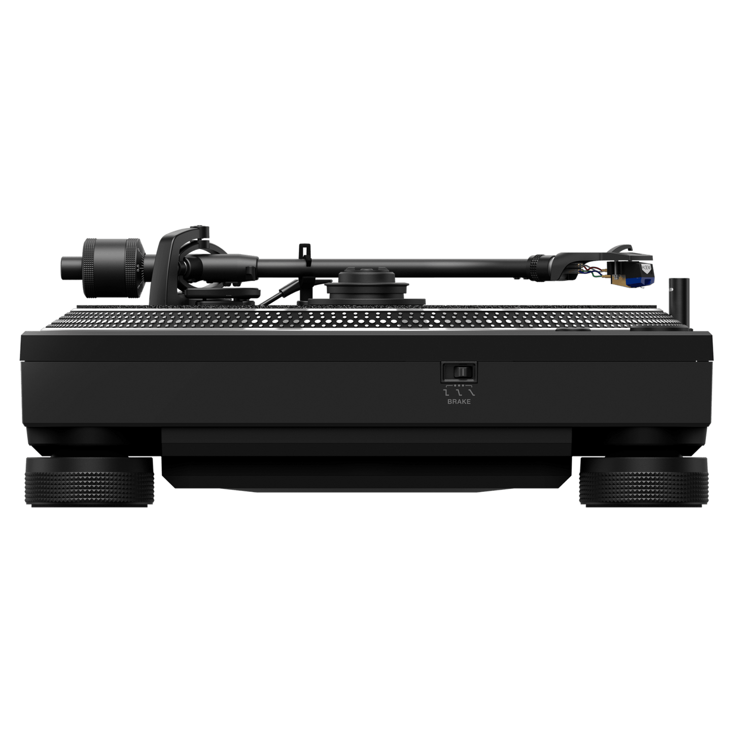 Pioneer DJ PLX-CRSS12 turntable showing the platter, tonearm, and control buttons on a black surface.