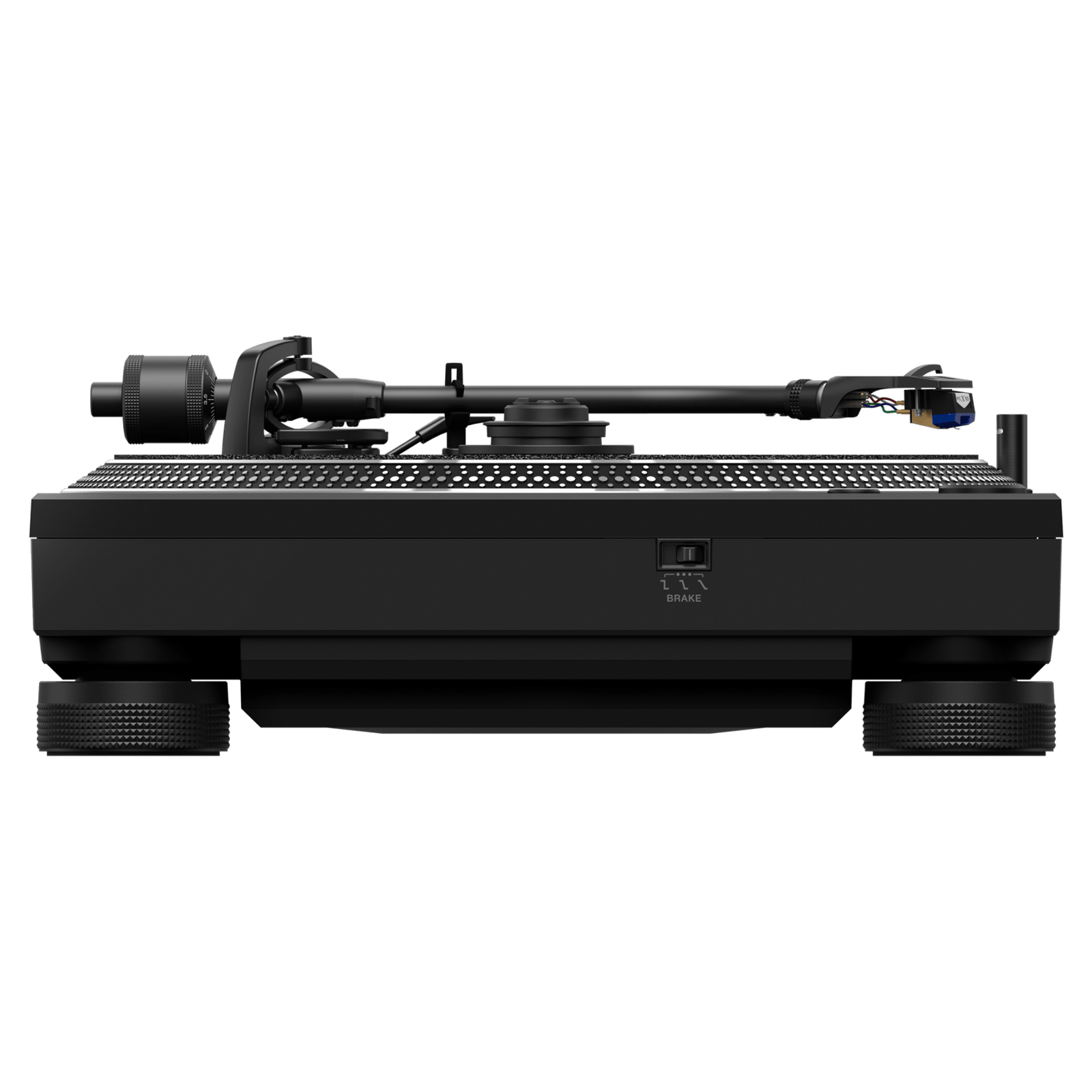 Pioneer DJ PLX-CRSS12 turntable showing the platter, tonearm, and control buttons on a black surface.