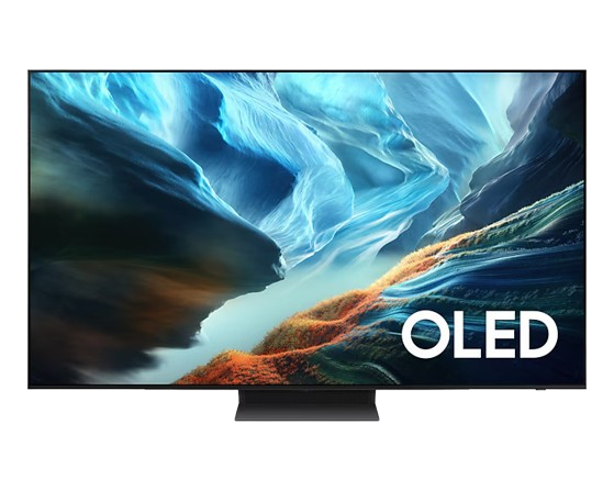 Samsung 65-inch Class S90H OLED 4K Vision AI Smart TV displaying vibrant screen images and sleek black design.