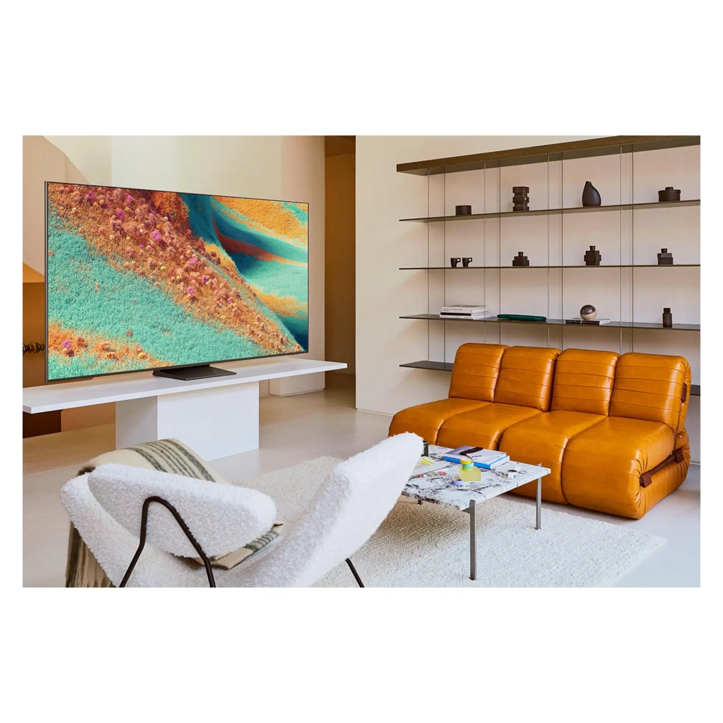 Open box Samsung 55-inch Neo QLED QN85F 4K Smart TV with Vision AI, showing sleek screen and modern design.