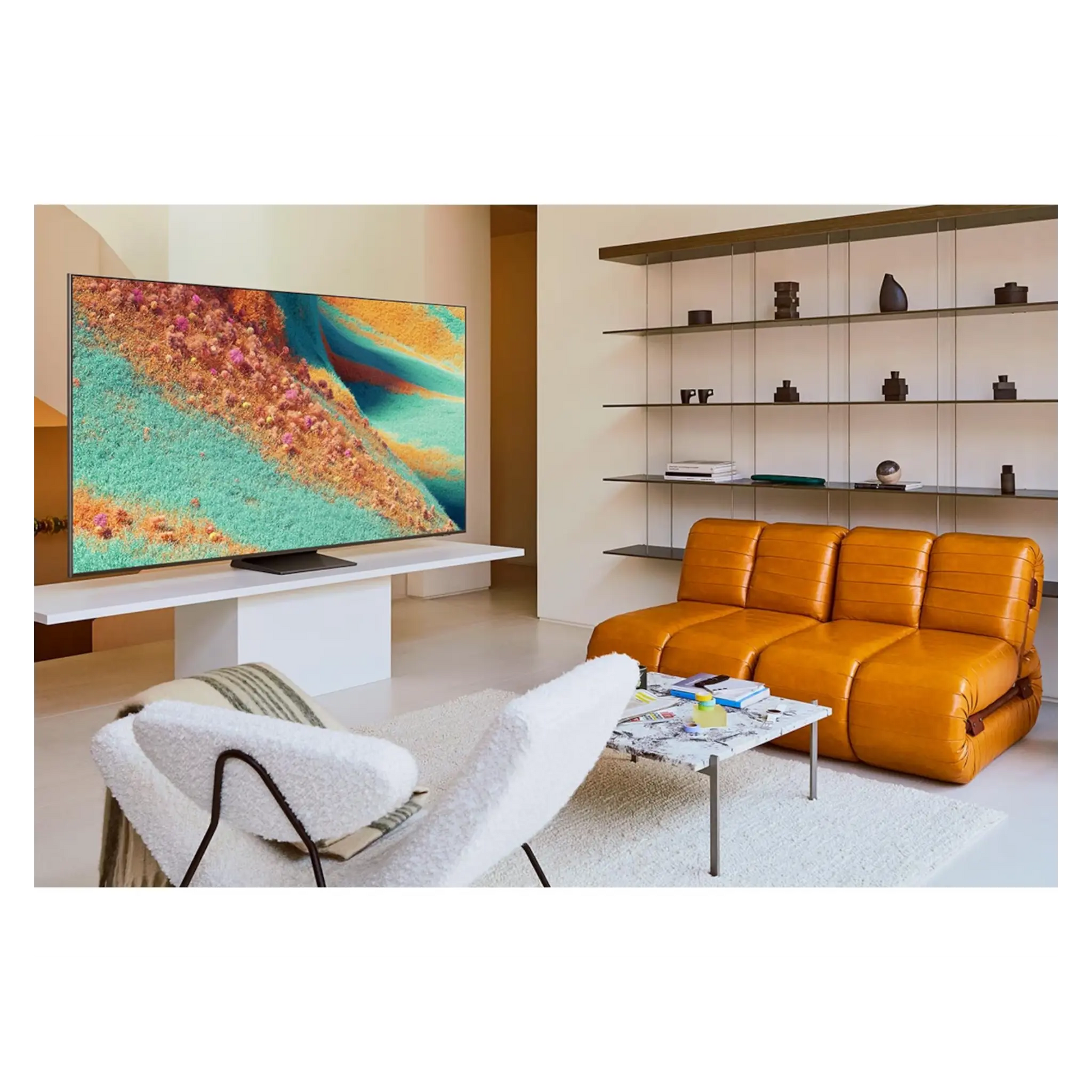 Open box Samsung 55-inch Neo QLED QN85F 4K Smart TV with Vision AI, showing sleek screen and modern design.