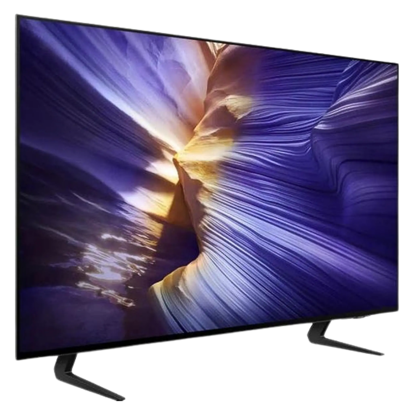Open box Samsung 42-inch S90F Series 4K UHD HDR OLED Tizen Smart TV showing screen and sleek design.