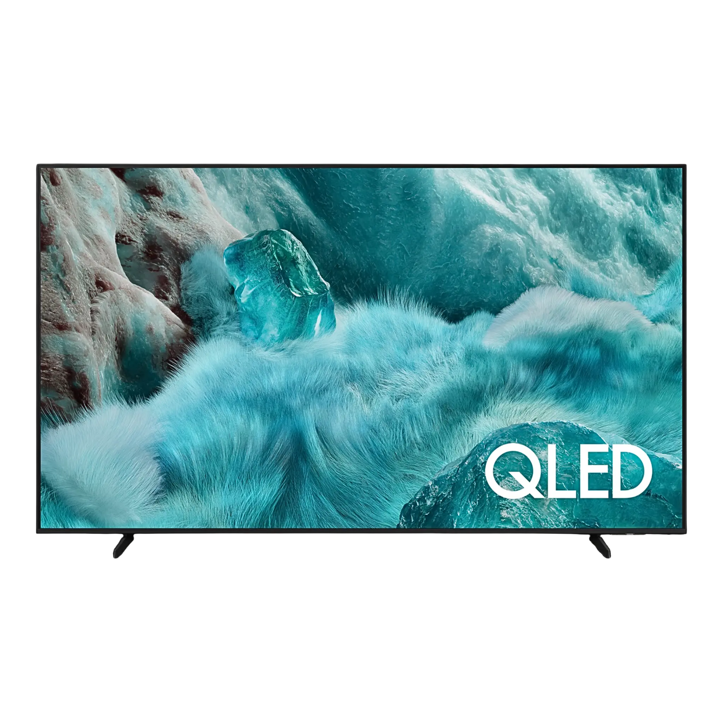 Open box Samsung 43-inch 4K UHD HDR QLED Tizen smart TV showing a sleek black screen with slim bezels and stand.