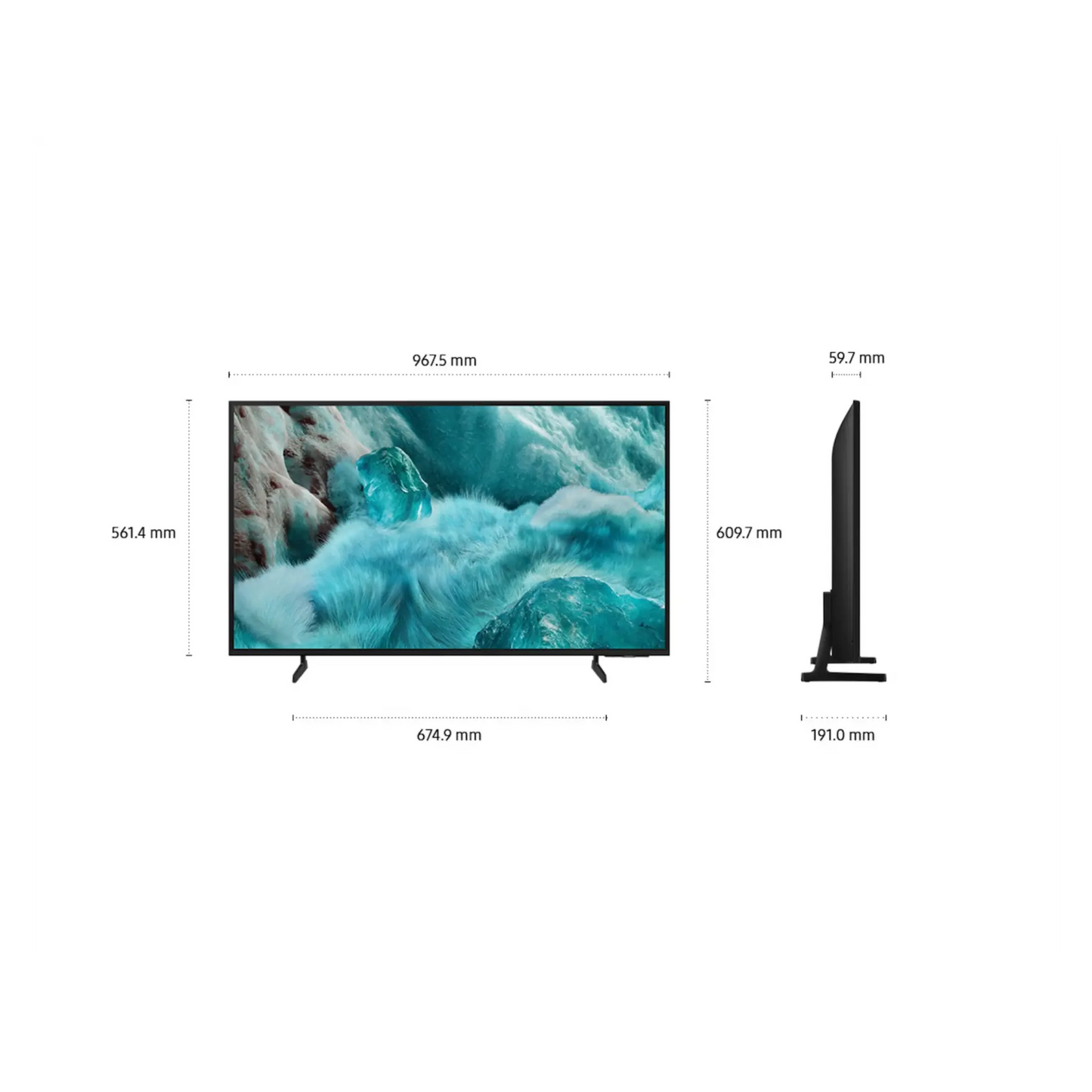 Open box Samsung 43-inch 4K UHD HDR QLED Tizen Smart TV displaying vibrant home screen with colorful images.