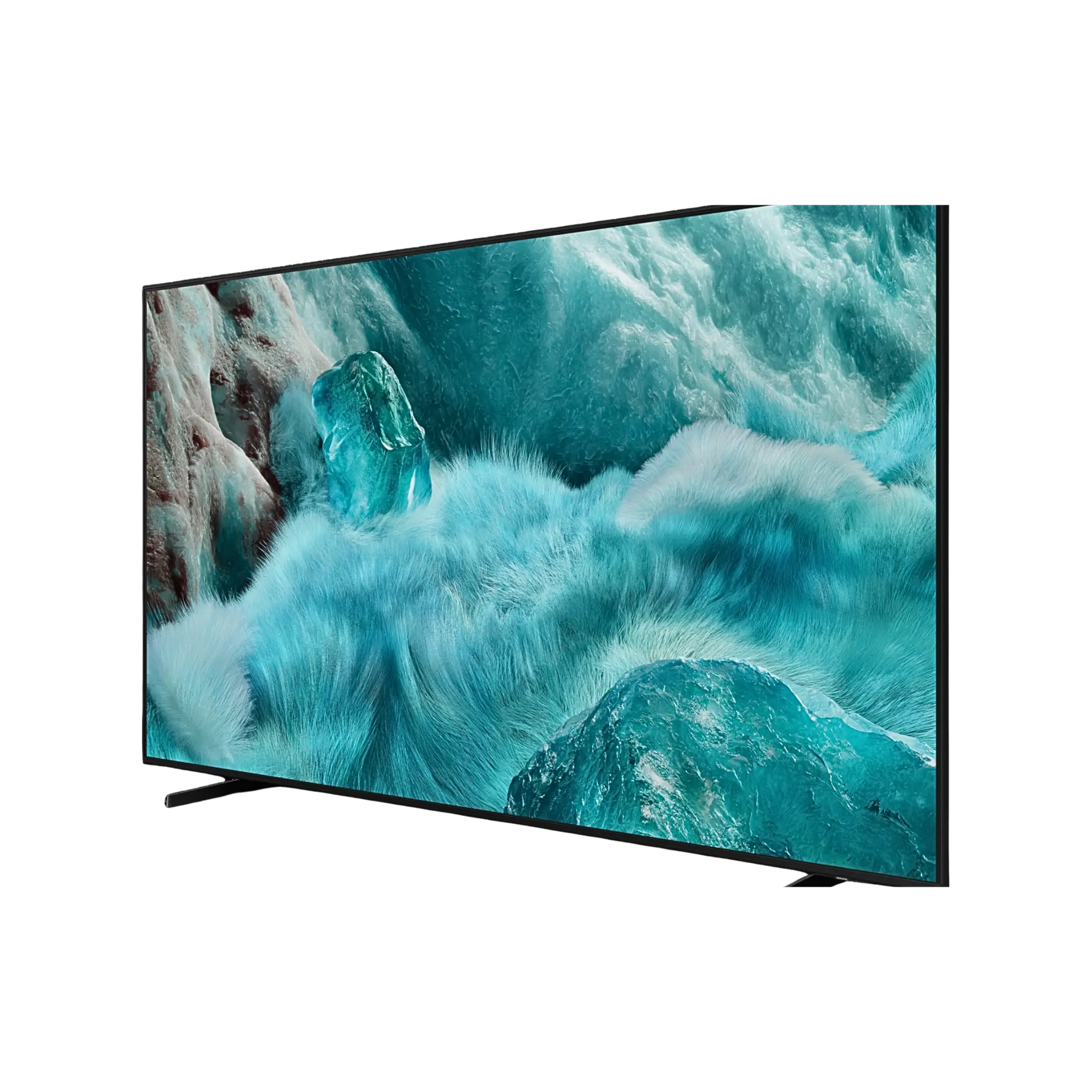 Open box Samsung 43-inch 4K UHD HDR QLED Tizen Smart TV displaying vibrant home screen with colorful graphics and sleek black frame.