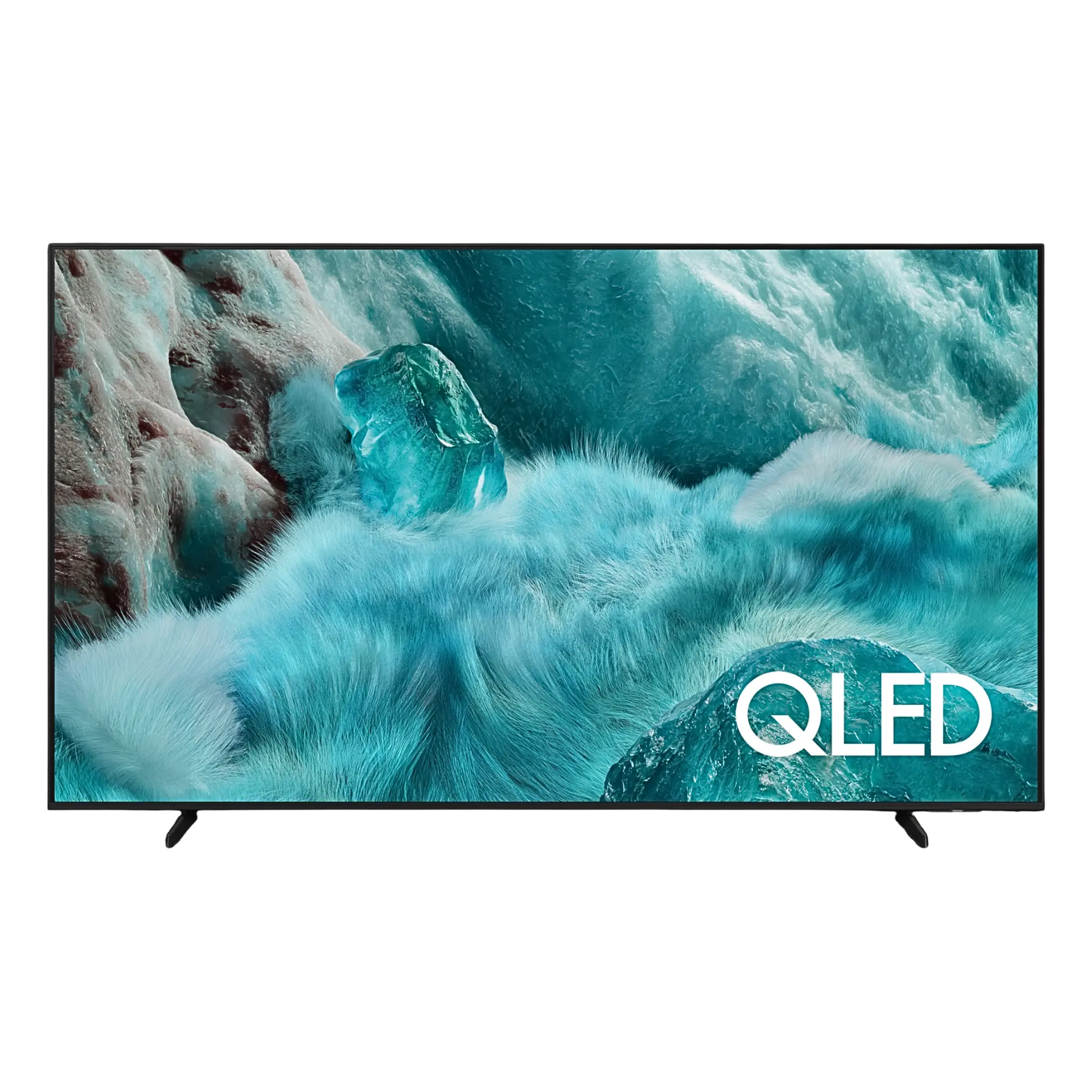 Open box Samsung 43-inch Q7F Series 4K UHD HDR QLED Tizen Smart TV showing the screen and sleek black design.
