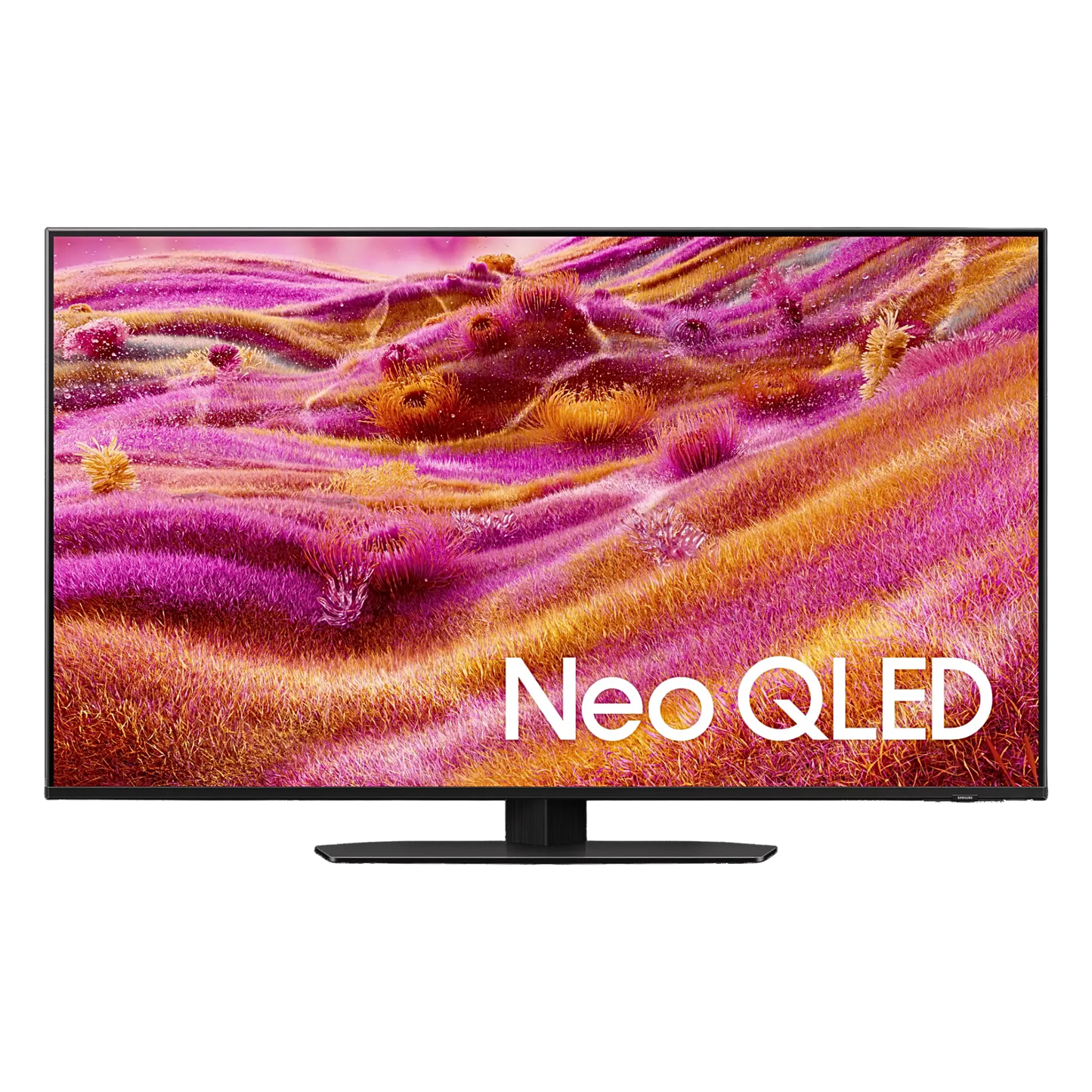 Open box Samsung 43-inch QN90F Series 4K UHD HDR Neo QLED Tizen Smart TV with stand and screen display.