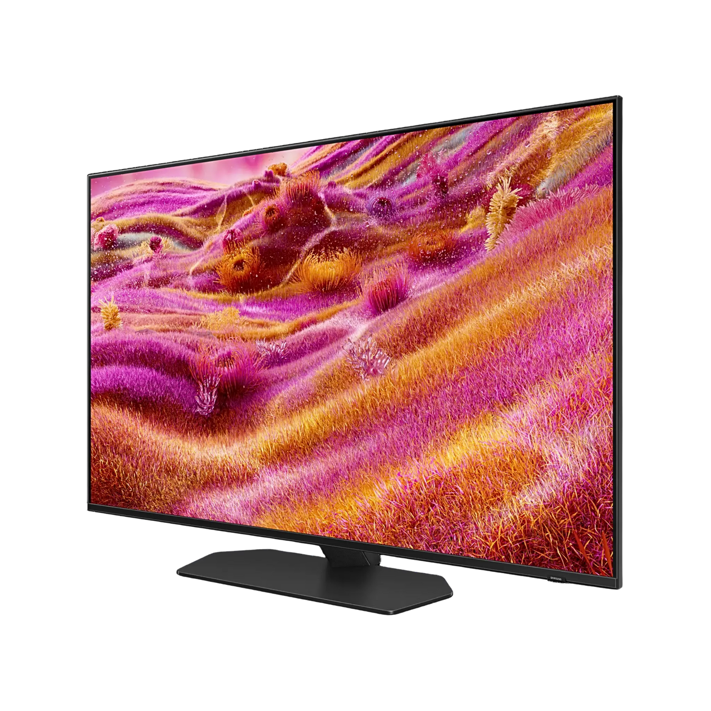 Open box Samsung 43-inch QN90F Series 4K UHD HDR Neo QLED Tizen Smart TV showing screen with vibrant image and sleek black frame.