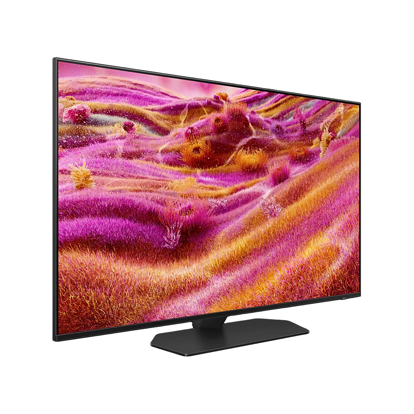 Open box Samsung 43-inch QN90F Series 4K UHD HDR Neo QLED Tizen Smart TV showing screen with vibrant image and sleek black design.