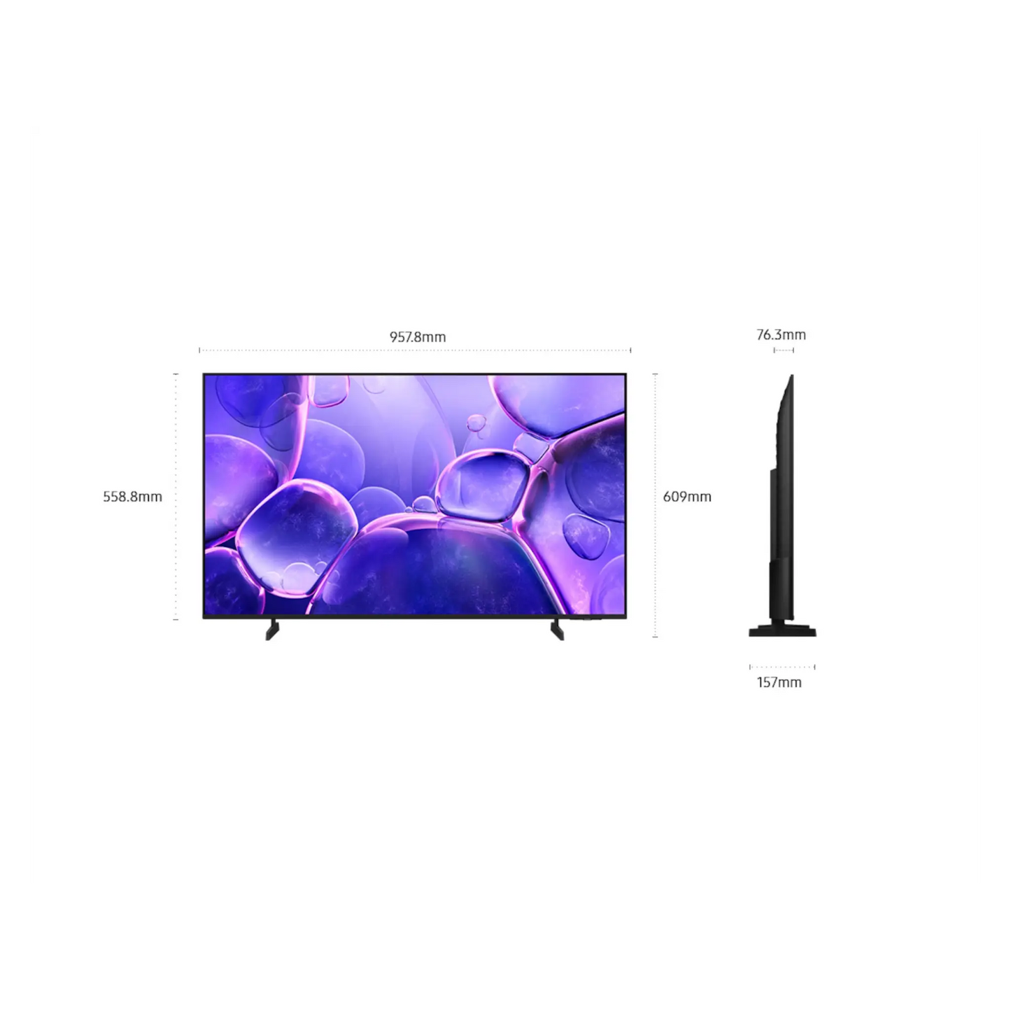Open box Samsung 43-inch U8000F Series 4K UHD HDR LED Tizen Smart TV showing screen display and sleek design.