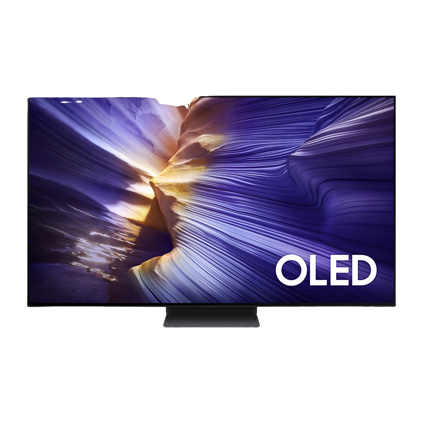Open box Samsung 48-inch S90F Series 4K UHD OLED Tizen Smart TV showing screen and sleek design in a well-lit setting.