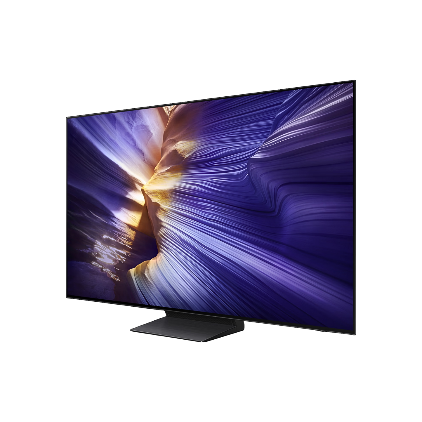 Open box Samsung 48-inch S90F Series 4K UHD HDR OLED Tizen Smart TV showing the sleek screen and slim design.