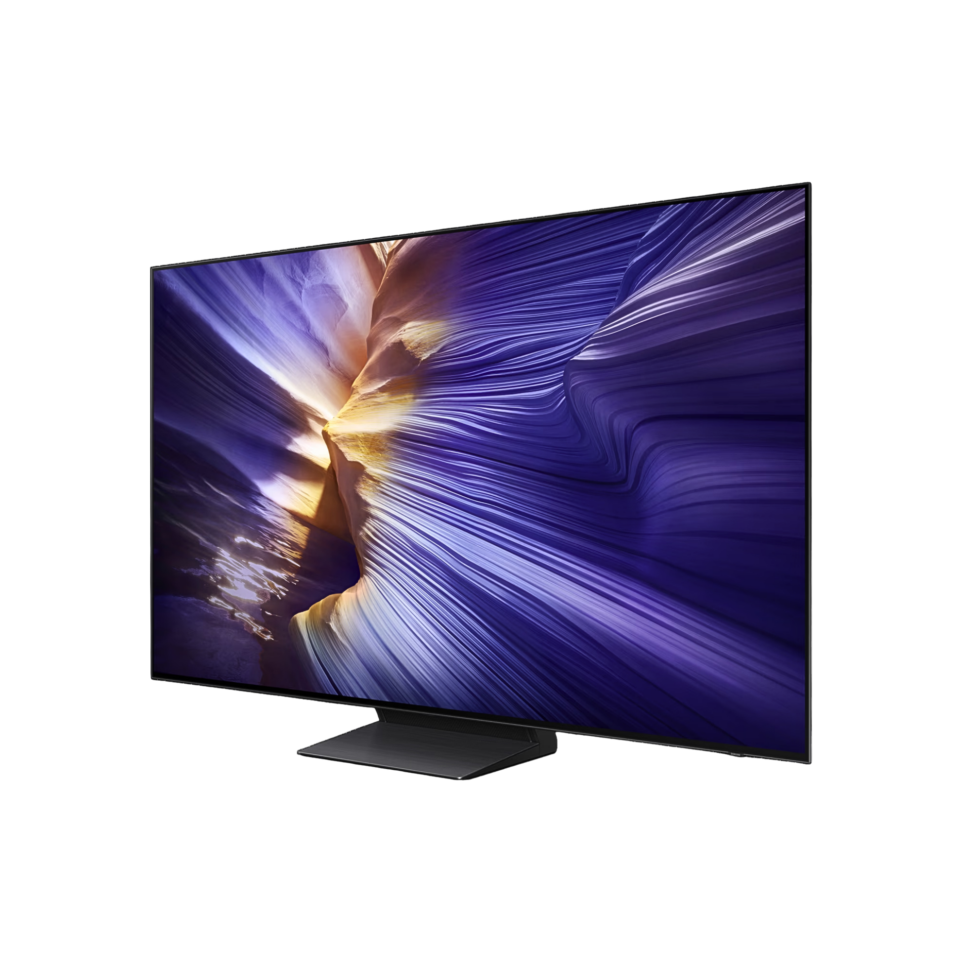 Open box Samsung 48-inch S90F Series 4K UHD HDR OLED Tizen Smart TV showing the sleek screen and slim design.