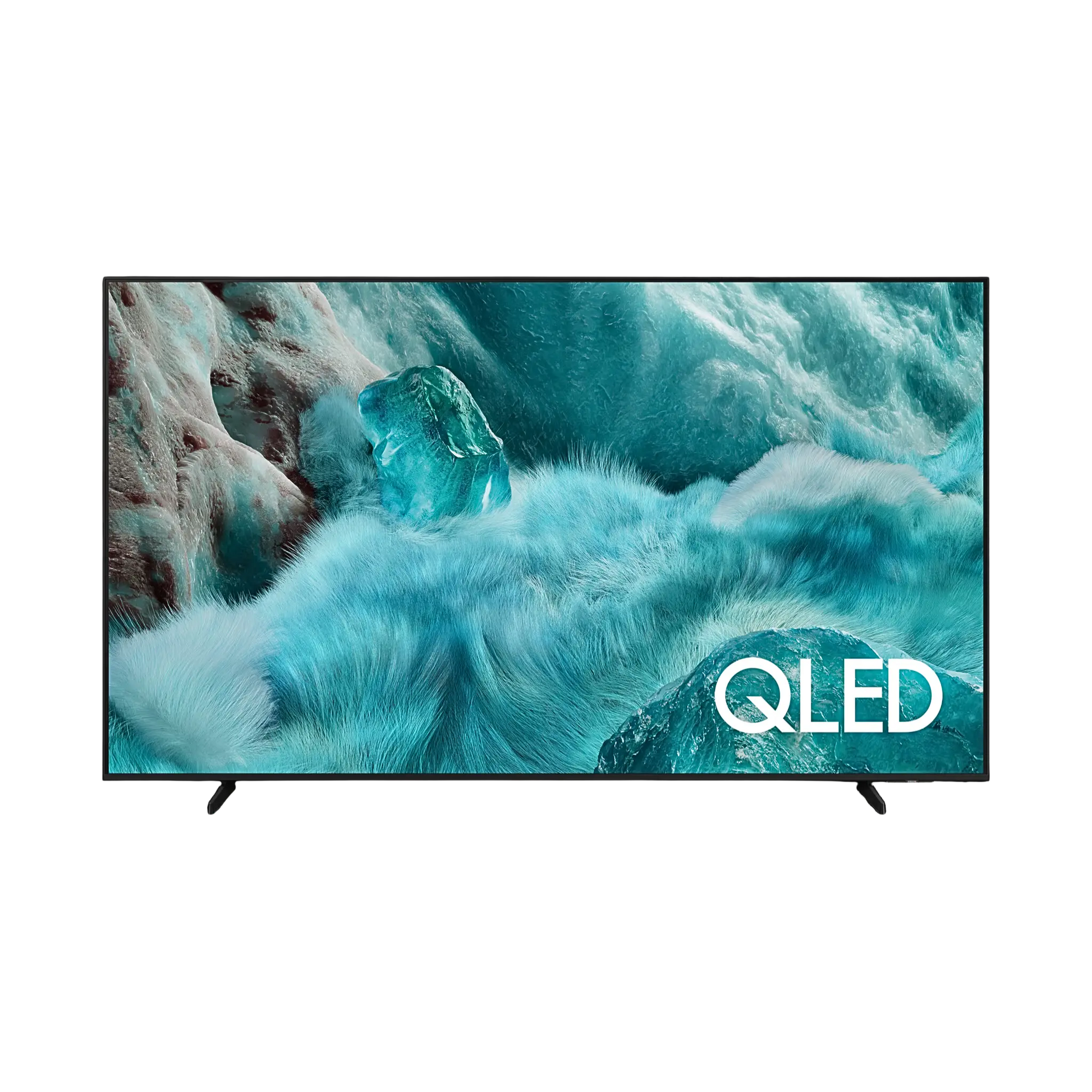 Open box Samsung 50-inch 4K UHD HDR QLED Tizen Smart TV showing screen with vibrant colors and sleek black bezel.