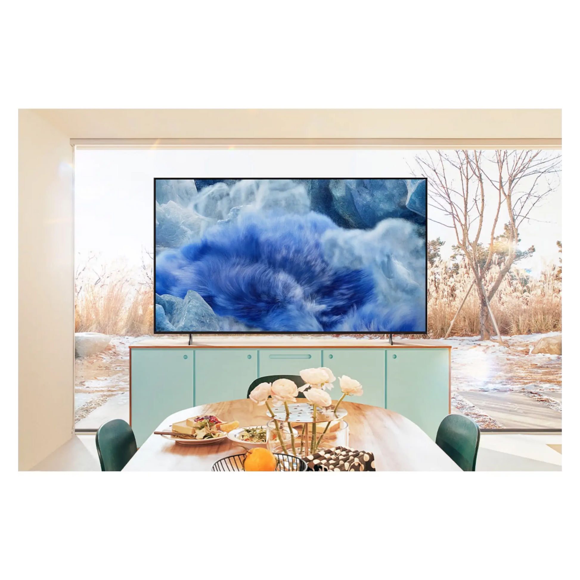 Open box Samsung 50-inch Q8F Series 4K UHD HDR QLED Tizen Smart TV showing screen display and sleek design.