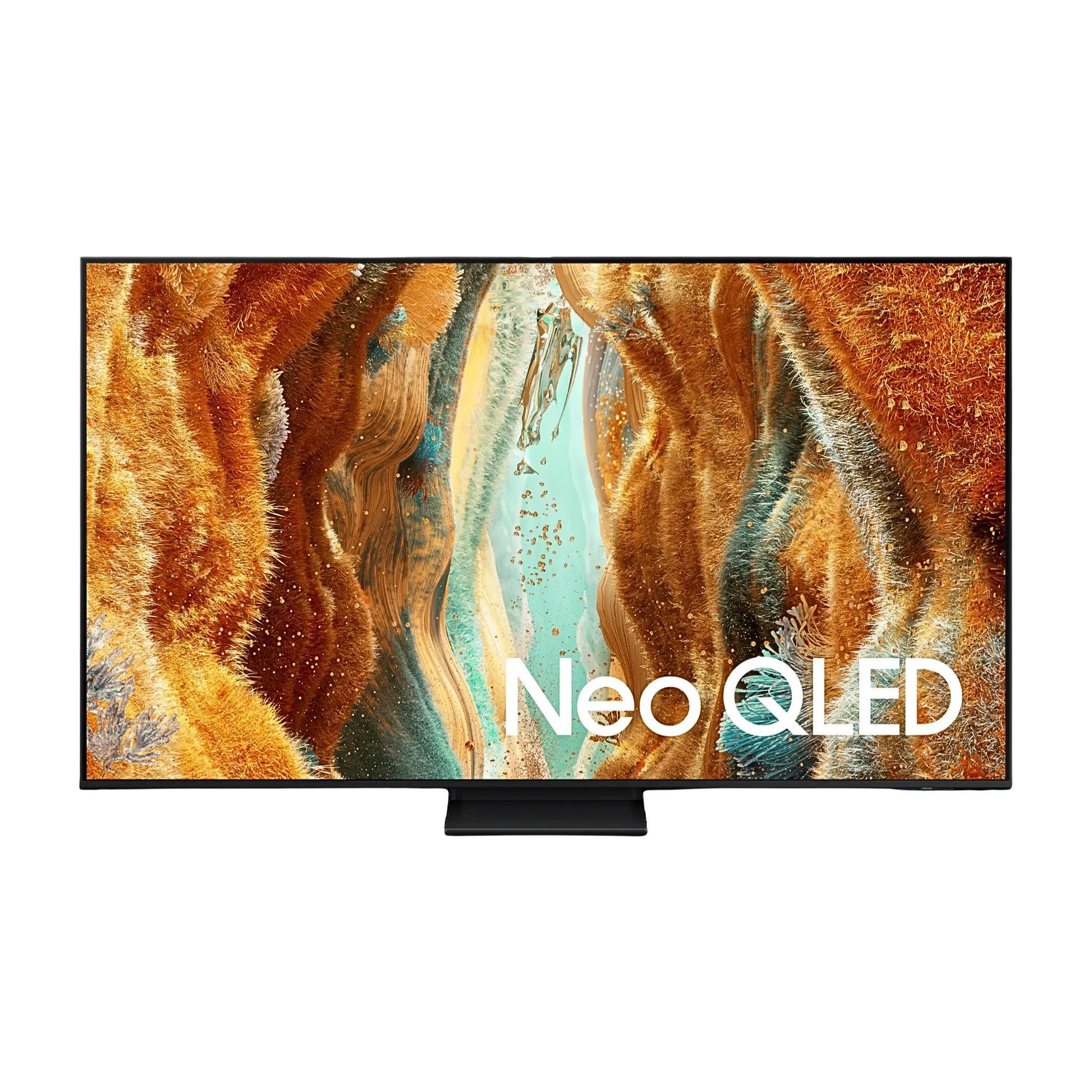 Open box Samsung 55-inch QN70F Series 4K UHD HDR Neo QLED Tizen Smart TV showing screen display with sleek black frame.