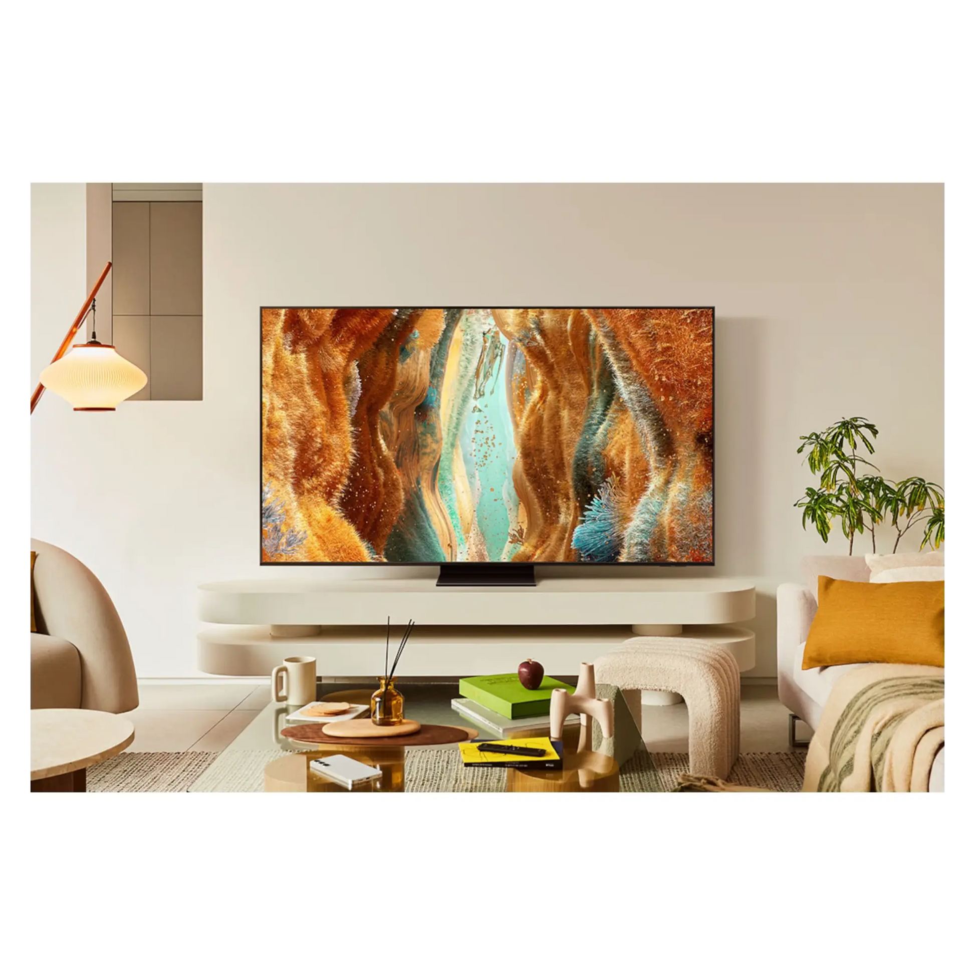 Open box Samsung 55-inch QN70F Series 4K UHD HDR Neo QLED Tizen Smart TV showing screen and sleek design.