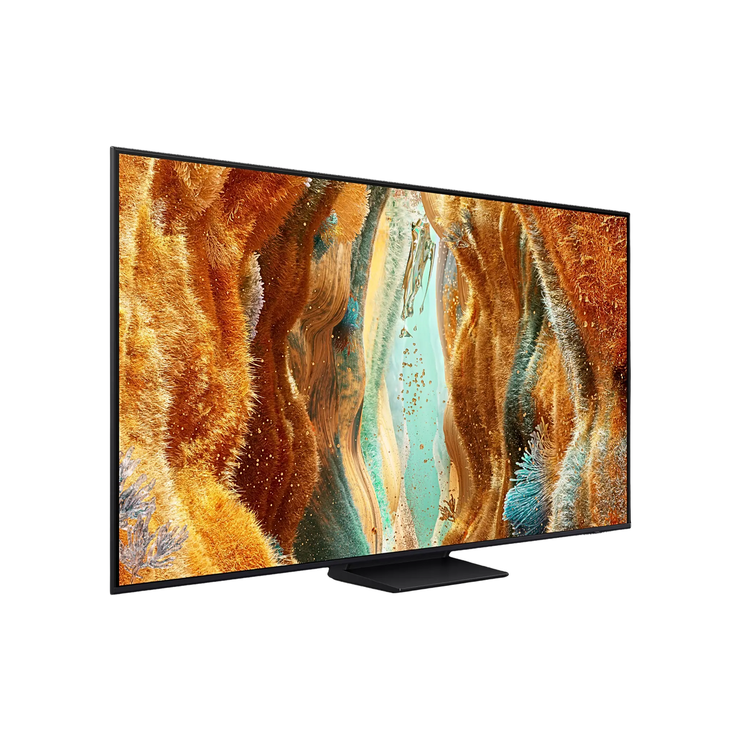 Open box Samsung 55-inch QN70F Series 4K UHD HDR Neo QLED Tizen Smart TV showing screen display and sleek black design