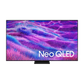 Open box Samsung 55-inch QN80F Series 4K UHD HDR Neo QLED Tizen Smart TV showing screen display and sleek black bezel.