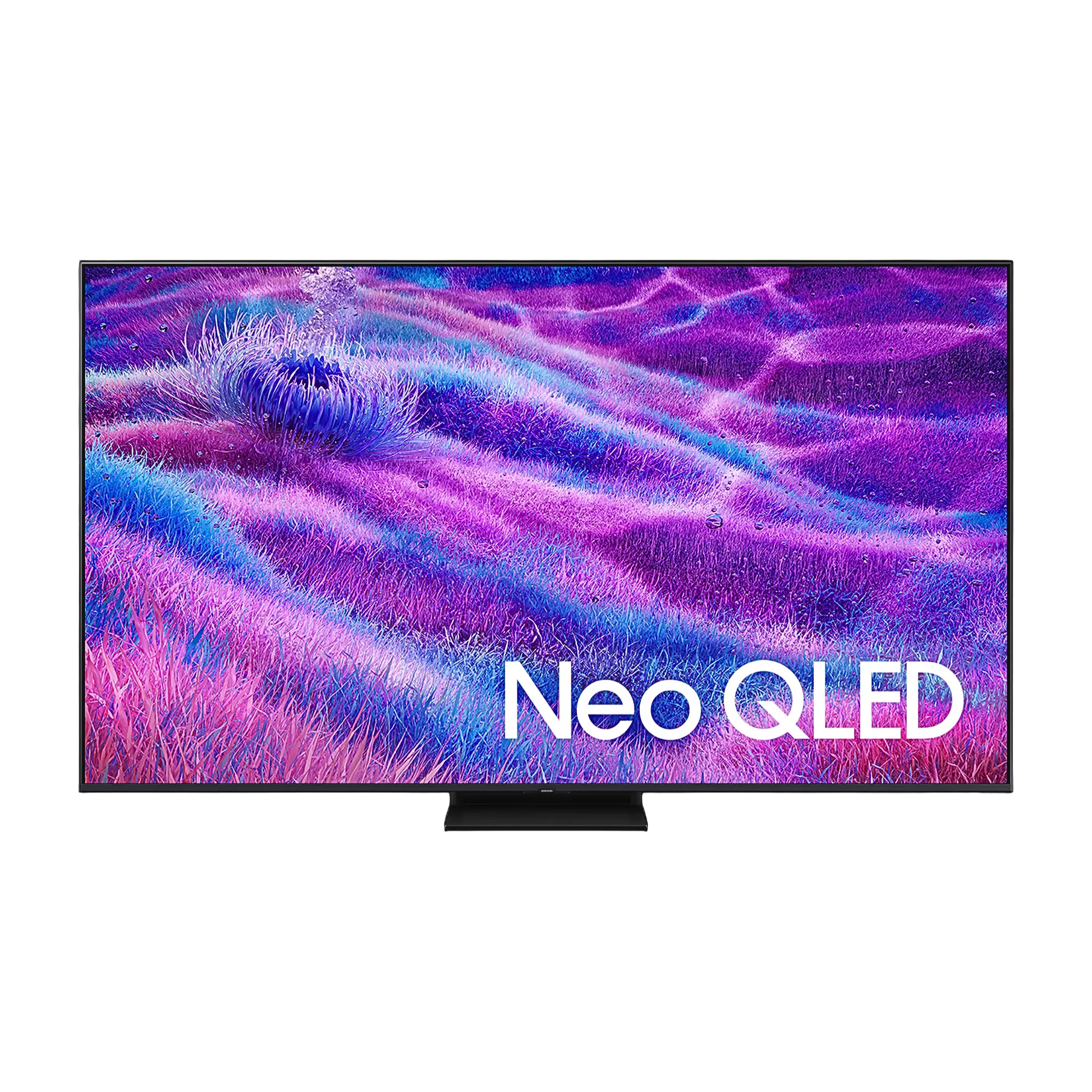 Open box Samsung 55-inch QN80F Series 4K UHD HDR Neo QLED Tizen Smart TV showing screen display and sleek black bezel.