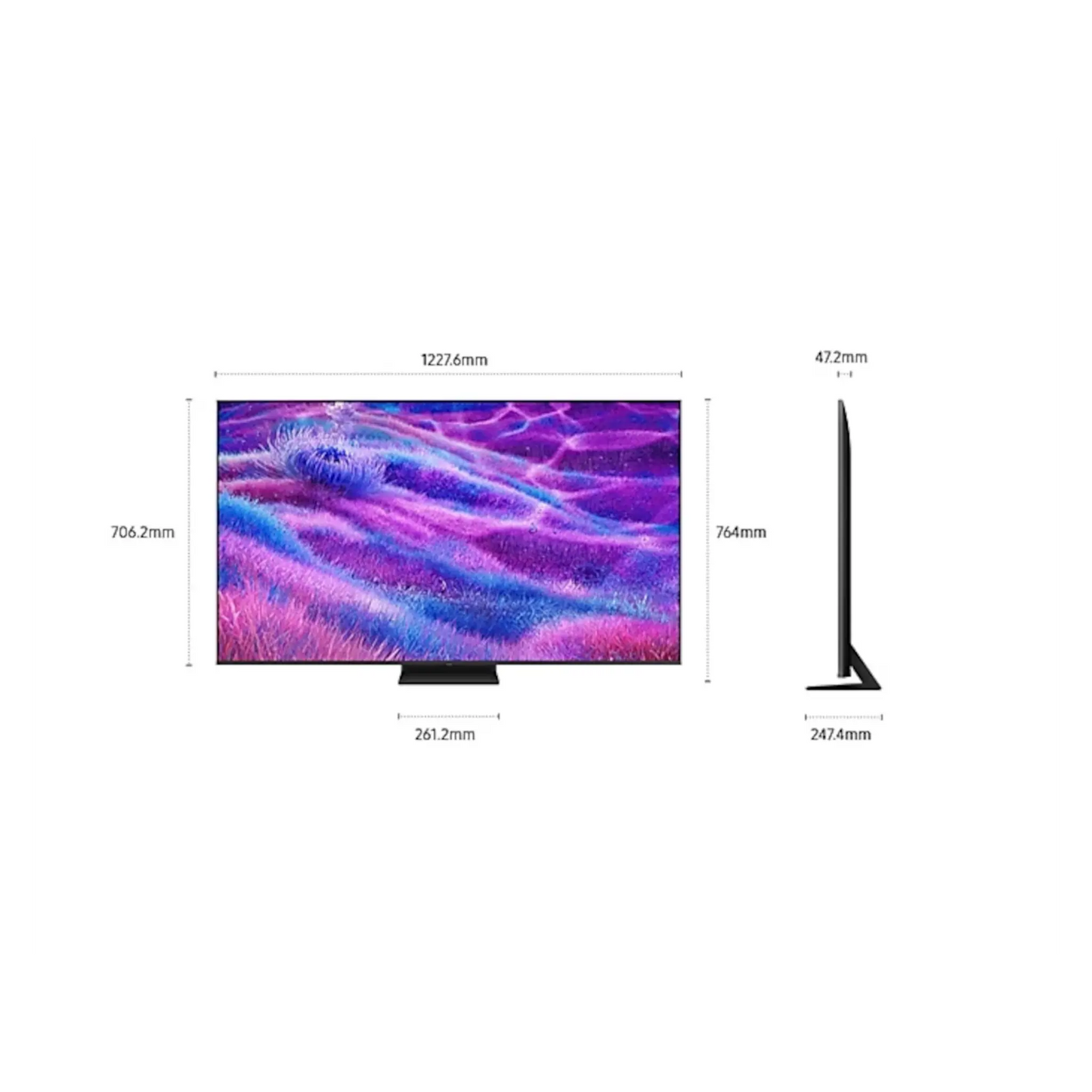 Open box Samsung 55-inch QN80F Series 4K UHD HDR Neo QLED Tizen Smart TV showing screen and sleek design.
