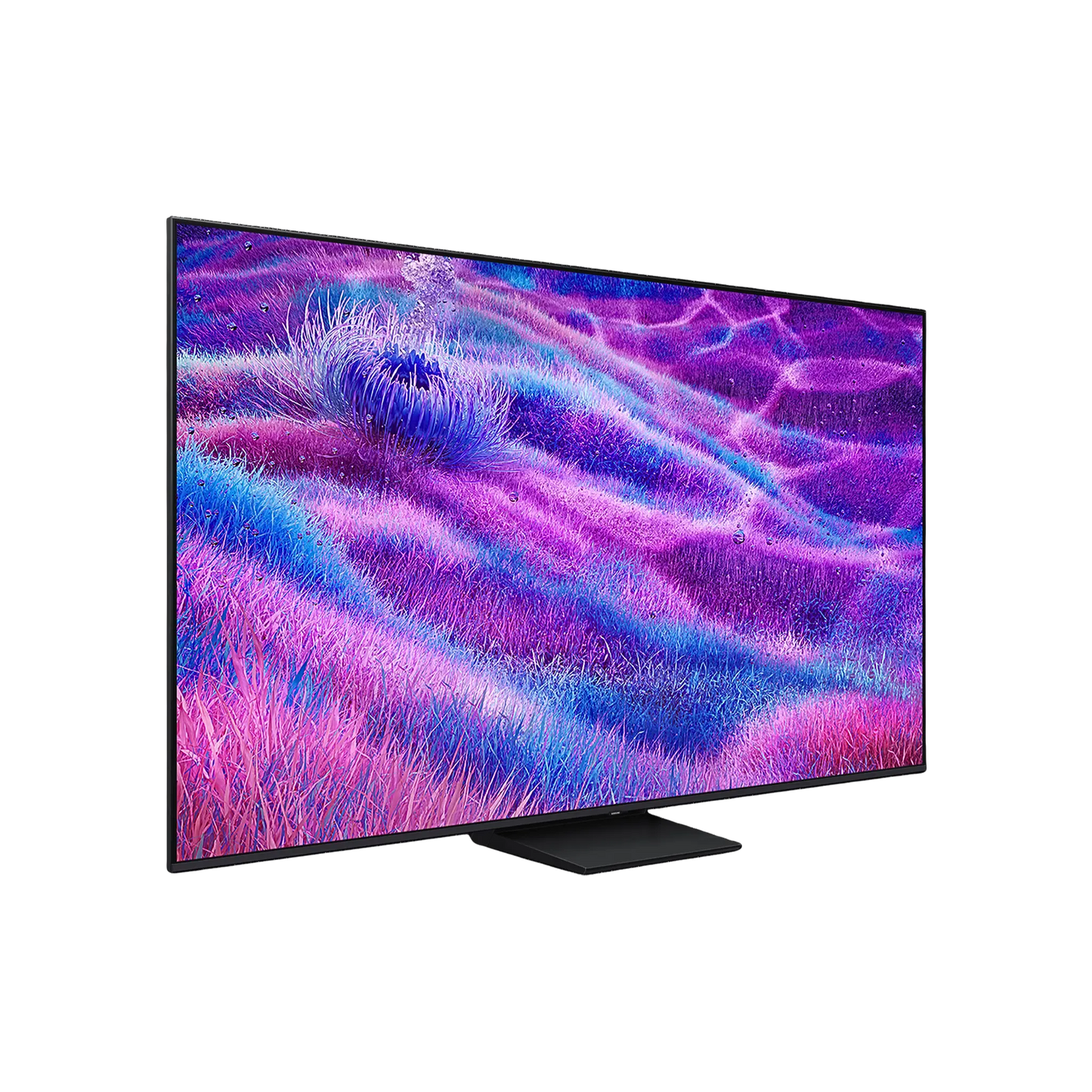 Open box Samsung 55-inch QN80F Series 4K UHD HDR Neo QLED Tizen Smart TV showing screen display and sleek black design.
