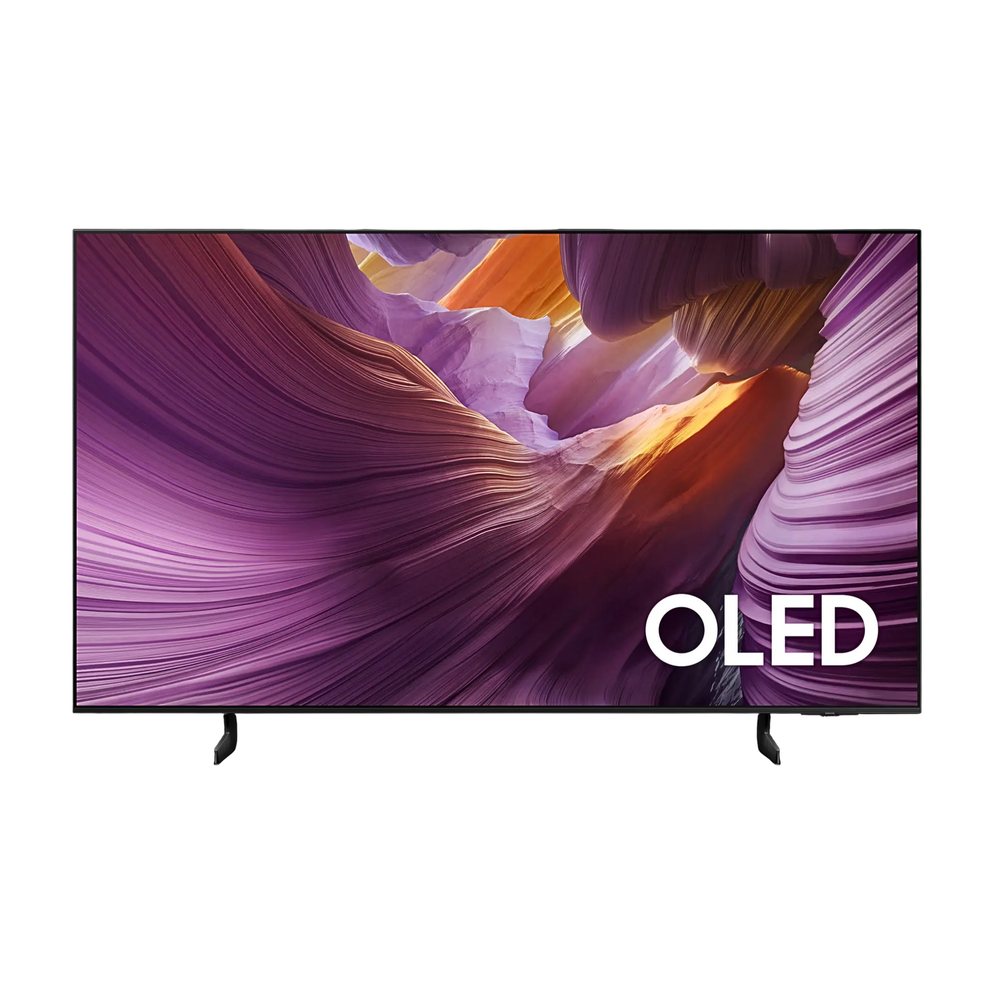Open box Samsung 55-inch S84F Series 4K UHD HDR OLED Tizen Smart TV showing screen with vibrant display and sleek design.