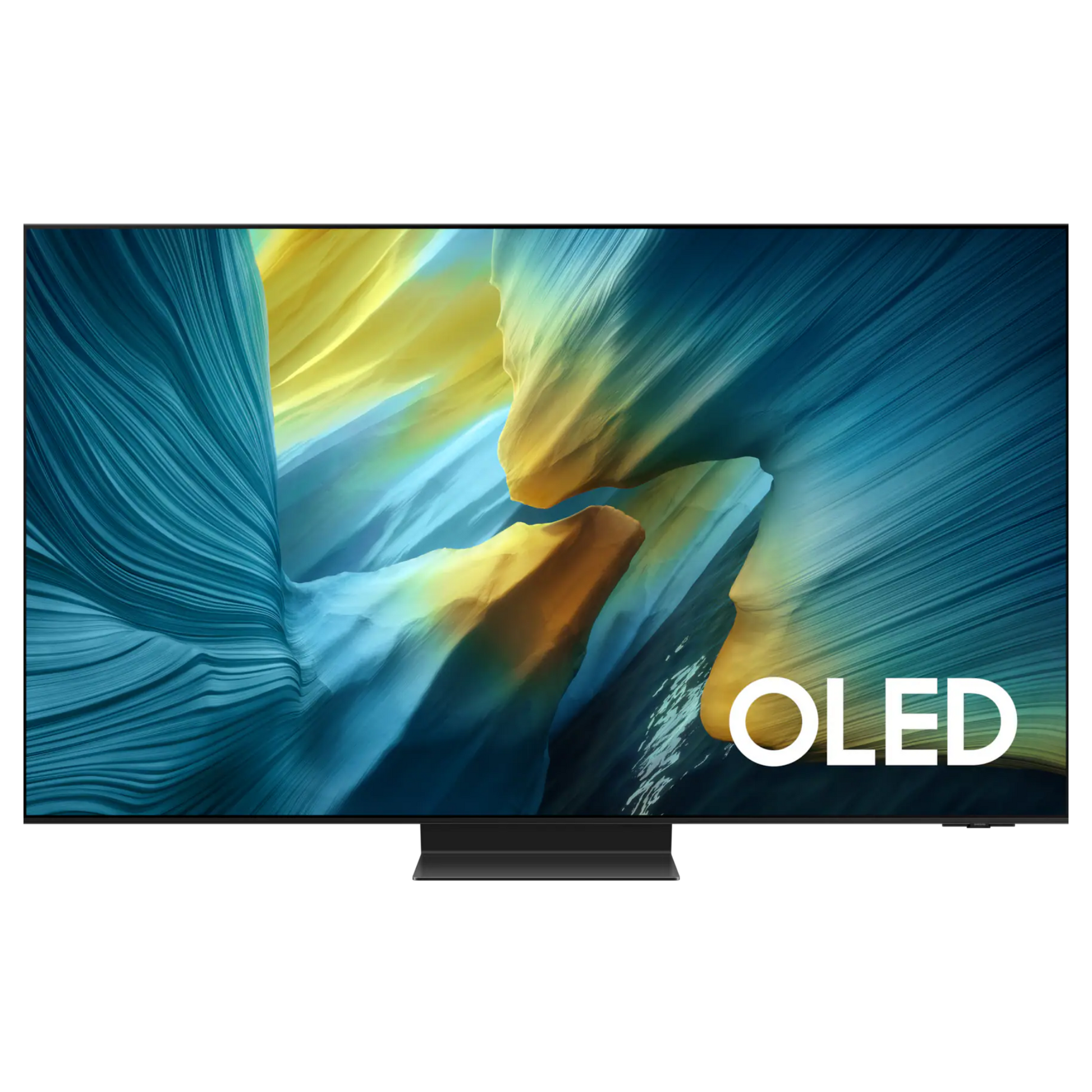 Open box Samsung 55-inch S95F Series 4K UHD HDR OLED Tizen Smart TV showcasing sleek design and vibrant display.