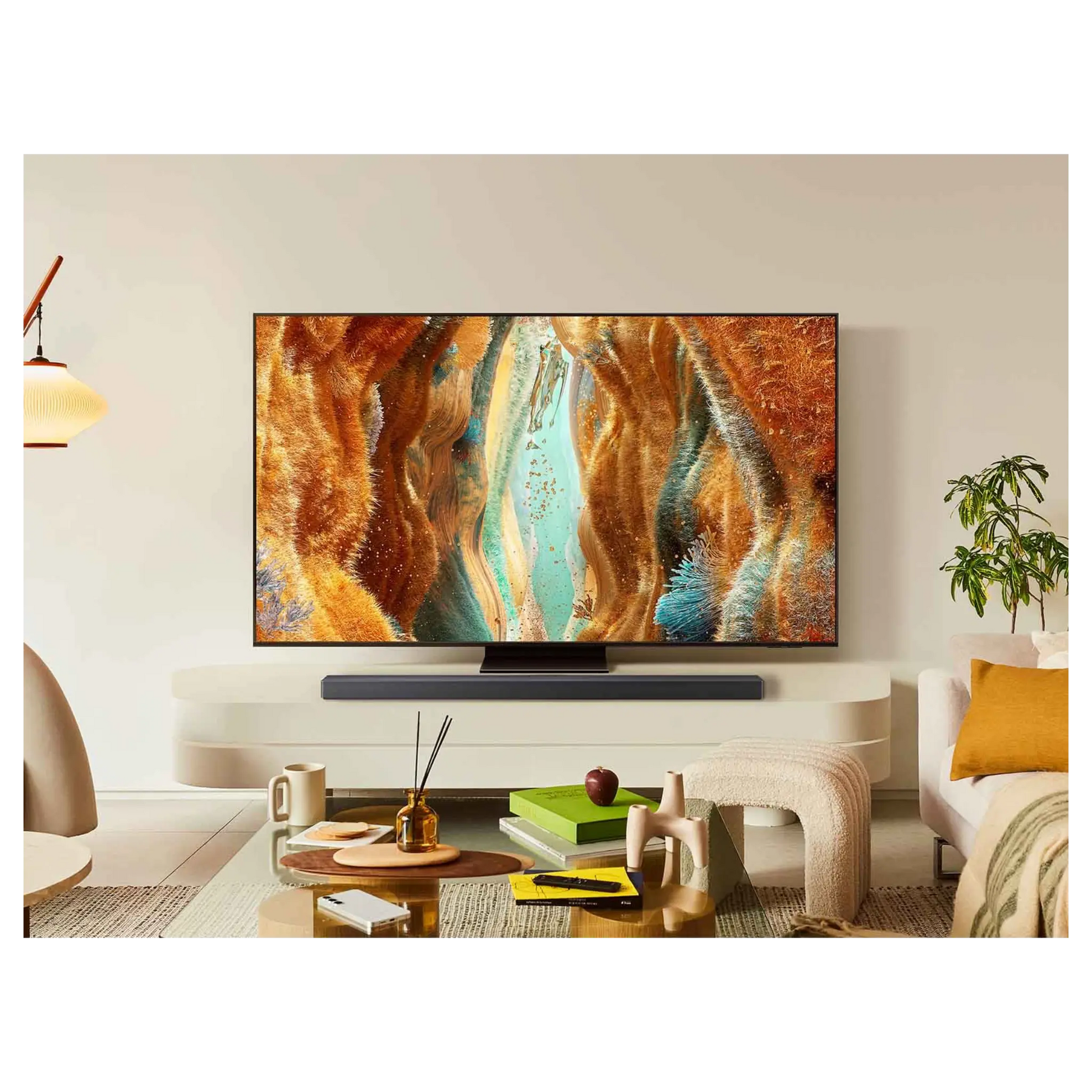 Open box Samsung 65-inch QN70F Series 4K UHD HDR Neo QLED Tizen Smart TV showing screen with vibrant image and sleek design.