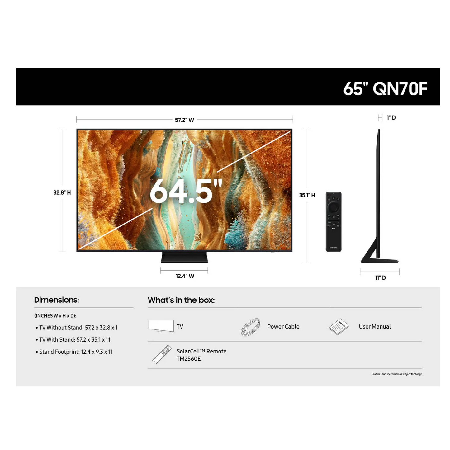 Open box Samsung 65-inch QN70F Series 4K UHD HDR Neo QLED Tizen Smart TV showing screen and sleek black design.