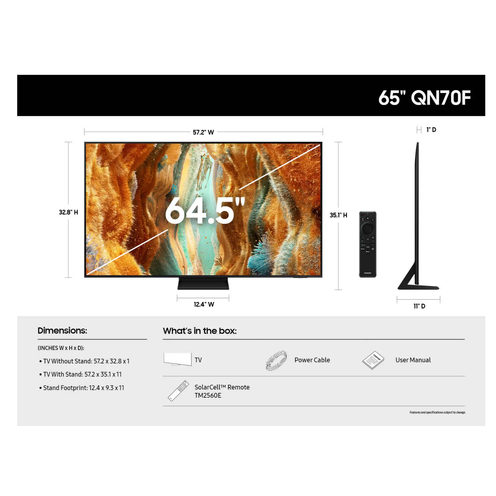 Open box Samsung 65-inch QN70F Series 4K UHD HDR Neo QLED Tizen Smart TV showing screen and sleek black design.