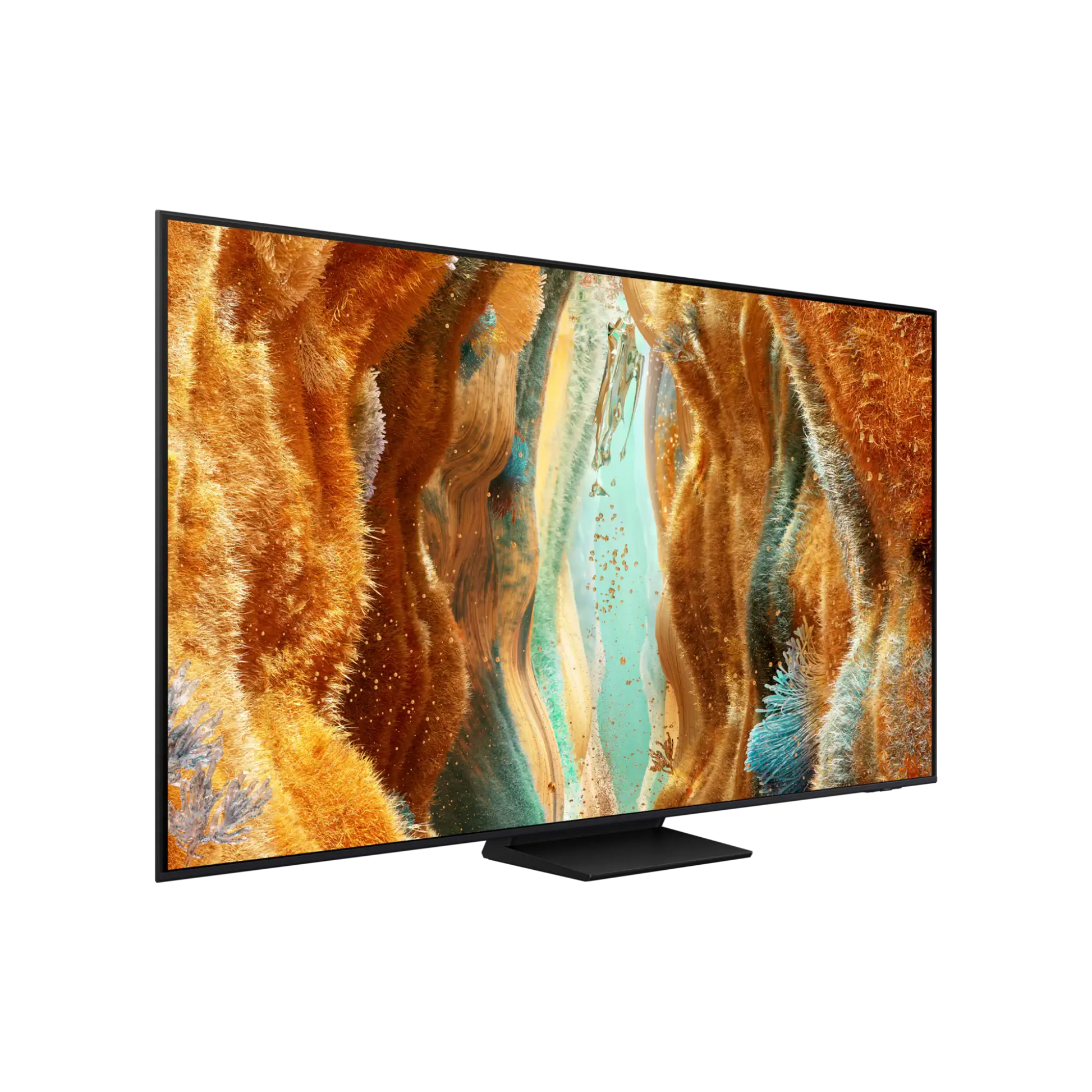 Open box Samsung 65-inch QN70F Series 4K UHD HDR Neo QLED Tizen Smart TV showing screen display and sleek black design.