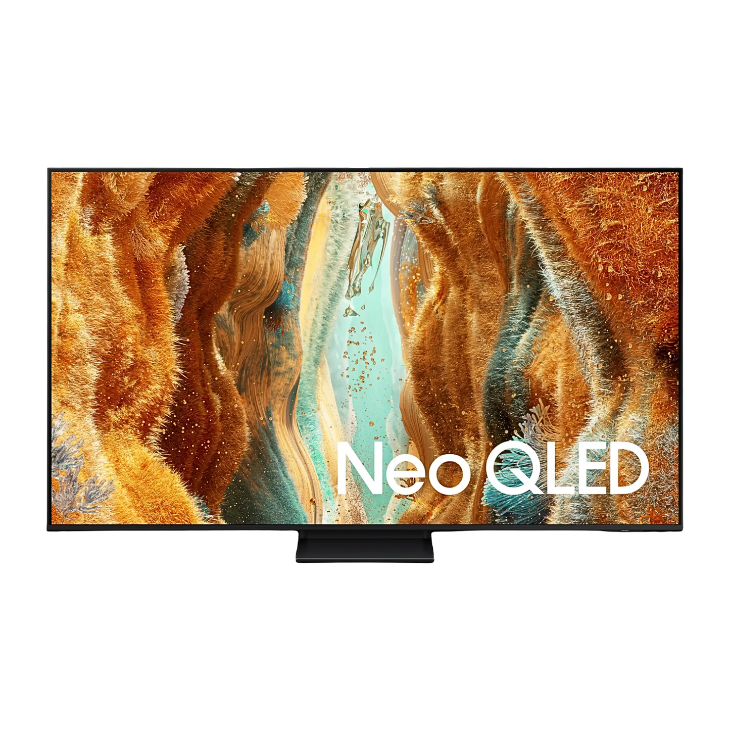 Open box Samsung 65-inch QN70F Series 4K UHD HDR Neo QLED Tizen smart TV showing screen and sleek design.