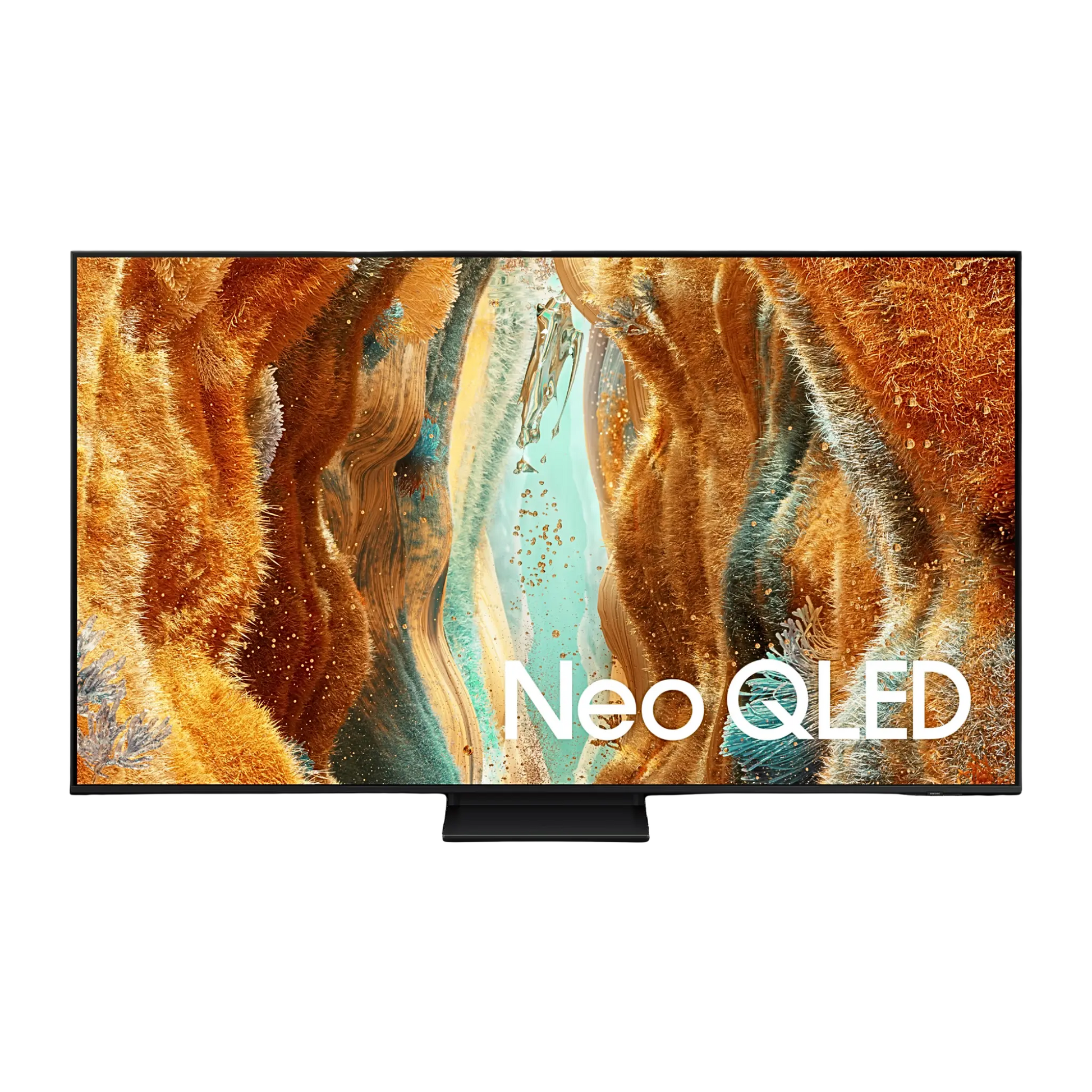 Open box Samsung 65-inch QN70F Series 4K UHD HDR Neo QLED Tizen smart TV showing screen and sleek design.