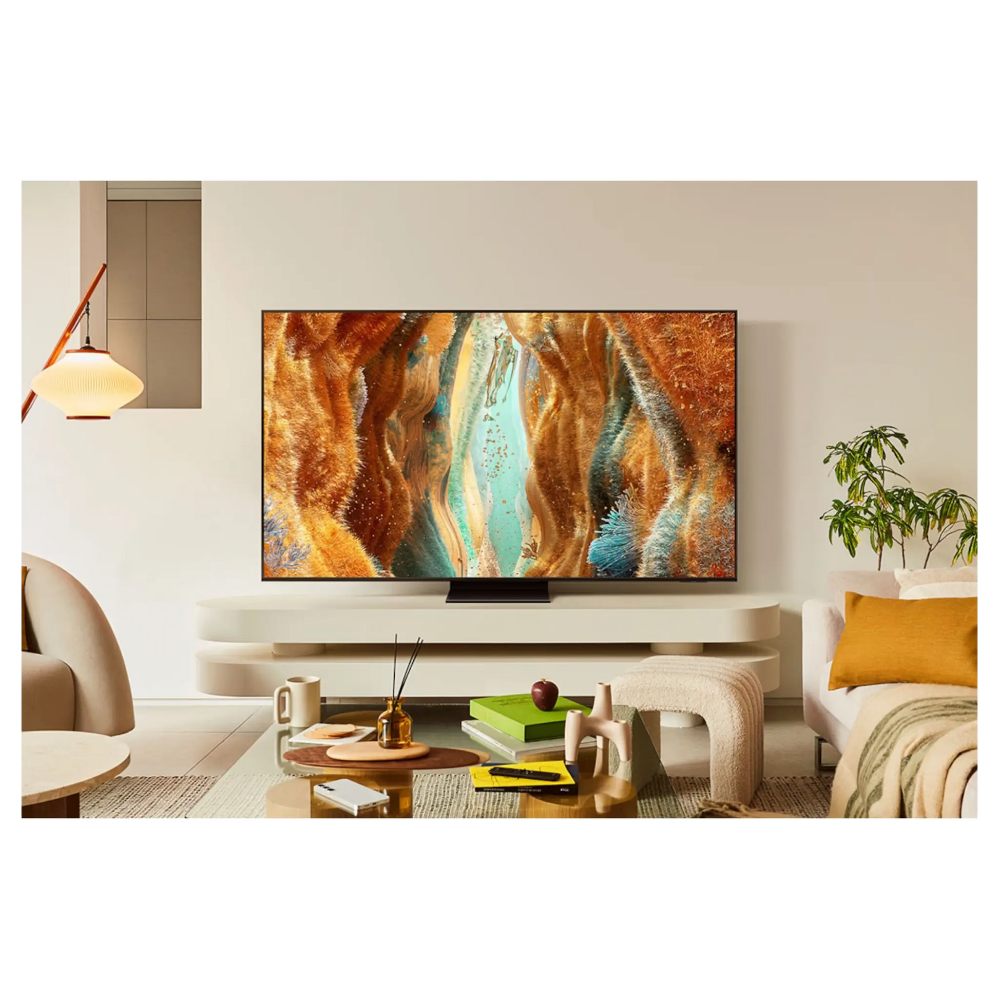 Open box Samsung 65-inch QN70F Series 4K UHD HDR Neo QLED Tizen Smart TV showing screen and sleek black design.