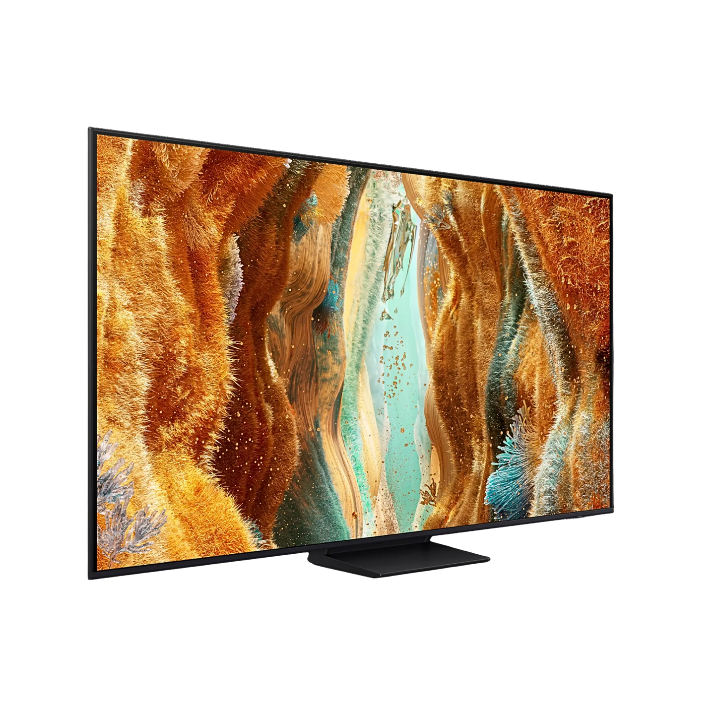 Open box Samsung 65-inch QN70F Series 4K UHD HDR Neo QLED Tizen Smart TV showing screen and sleek black design.