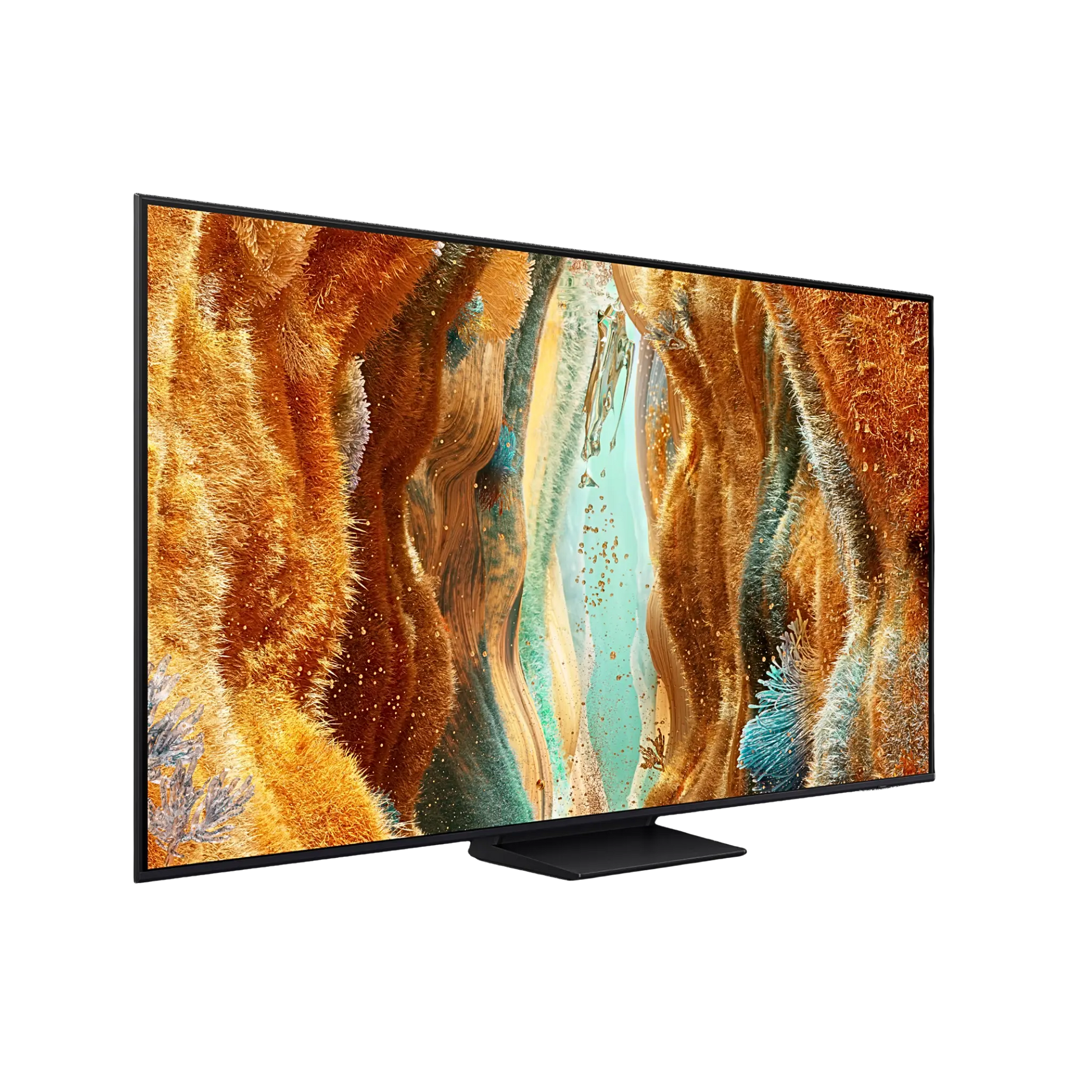 Open box Samsung 65-inch QN70F Series 4K UHD HDR Neo QLED Tizen Smart TV showing screen and sleek black design.