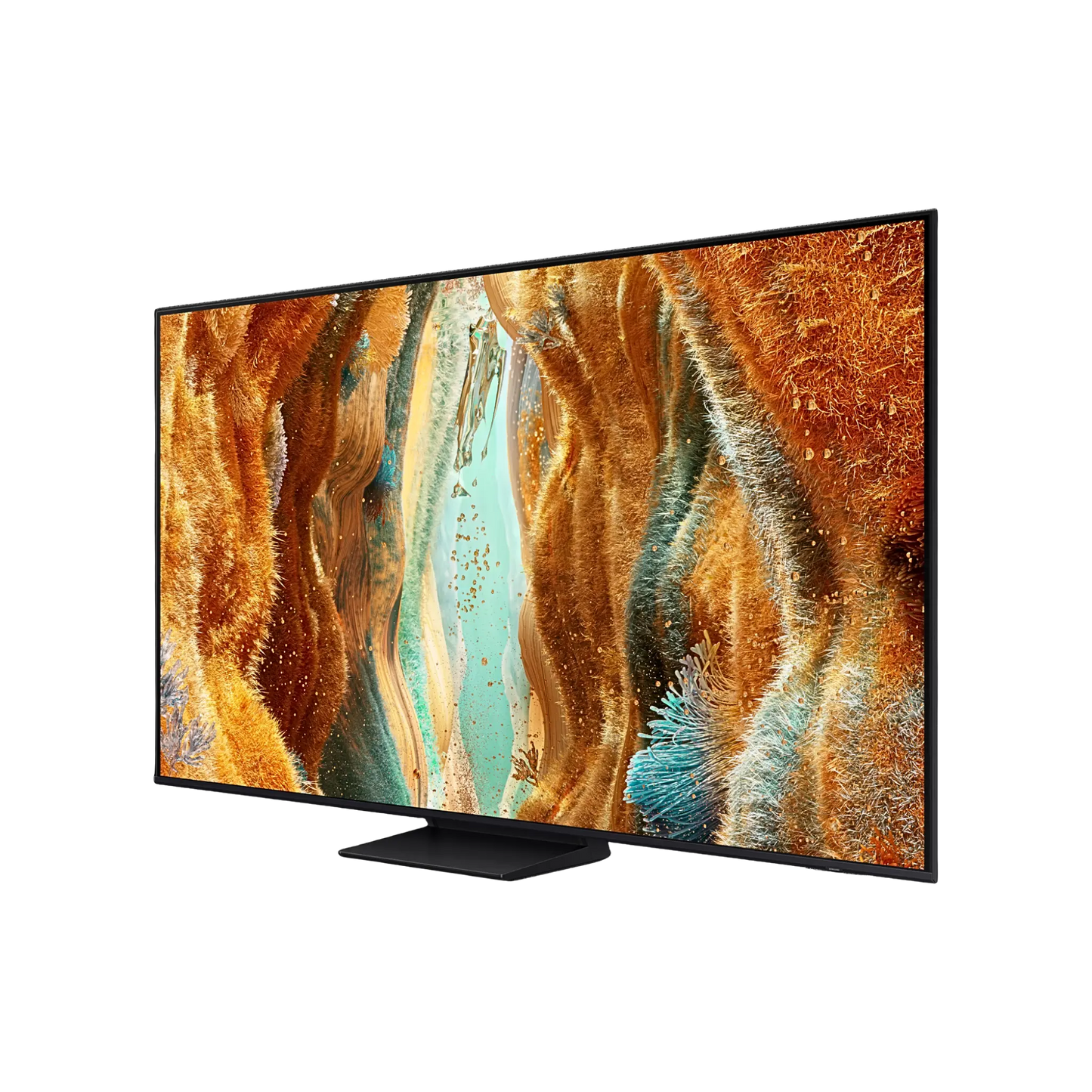 Open box Samsung 65-inch QN70F Series 4K UHD HDR Neo QLED Tizen Smart TV showing screen and sleek black design.
