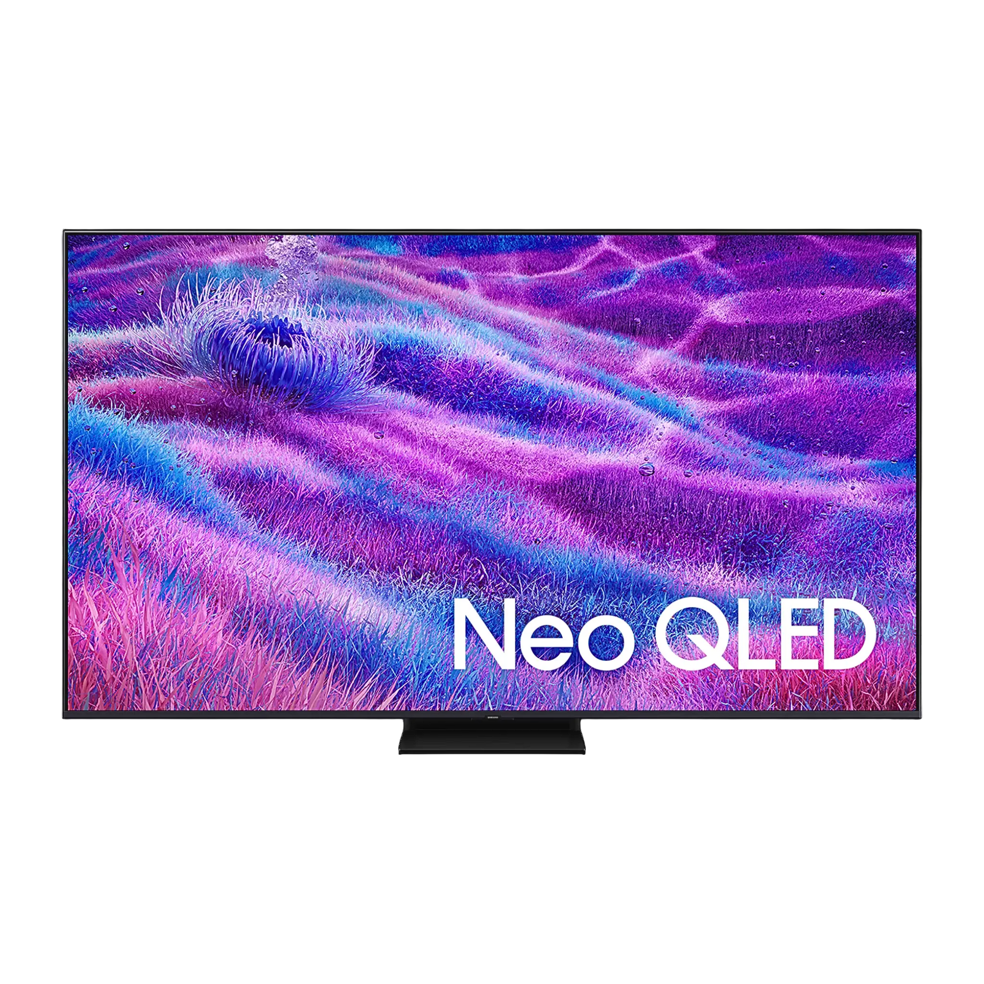 Open box Samsung 65-inch QN80F Series 4K UHD HDR Neo QLED Tizen Smart TV showing front view and screen display.